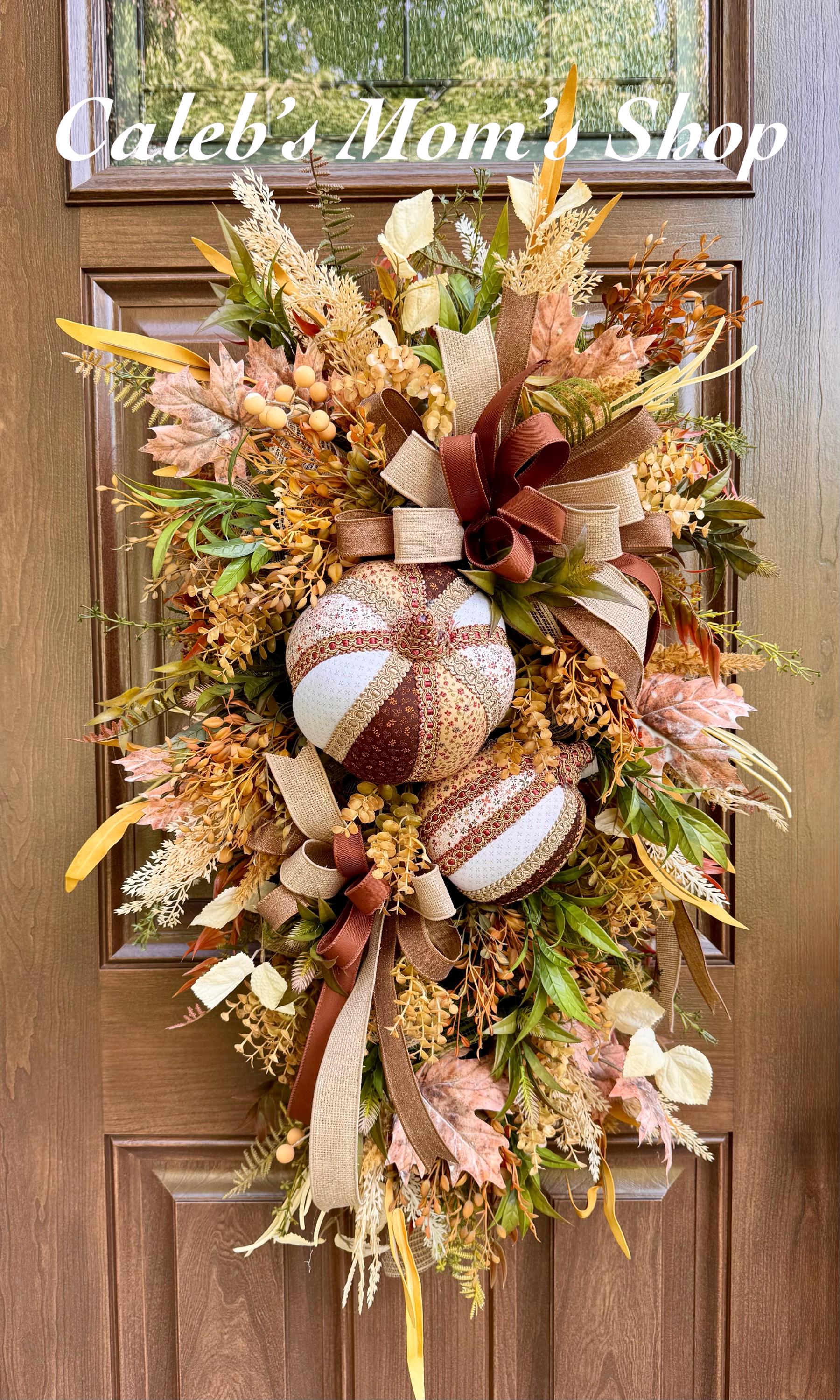 Fall Pumpkin Swag Wreath | Handmade Fabric Pumpkins | Neutral Fall Door Hanger | Autumn Front Door Decor | Rustic Farmhouse Fall Decoration