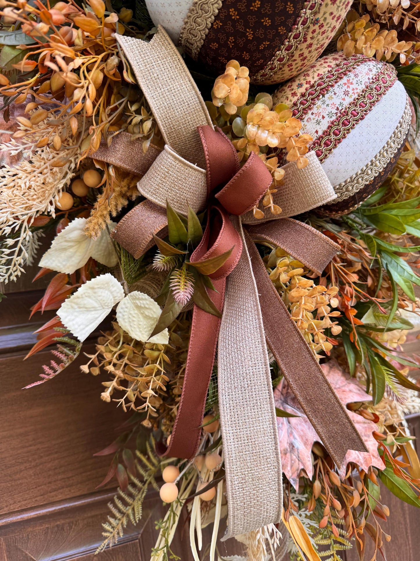 Fall Pumpkin Swag Wreath | Handmade Fabric Pumpkins | Neutral Fall Door Hanger | Autumn Front Door Decor | Rustic Farmhouse Fall Decoration