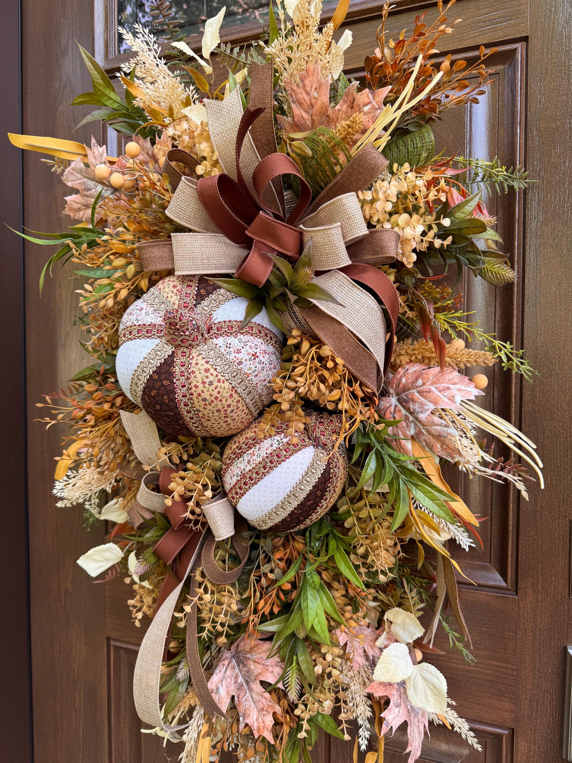 Fall Pumpkin Swag Wreath | Handmade Fabric Pumpkins | Neutral Fall Door Hanger | Autumn Front Door Decor | Rustic Farmhouse Fall Decoration