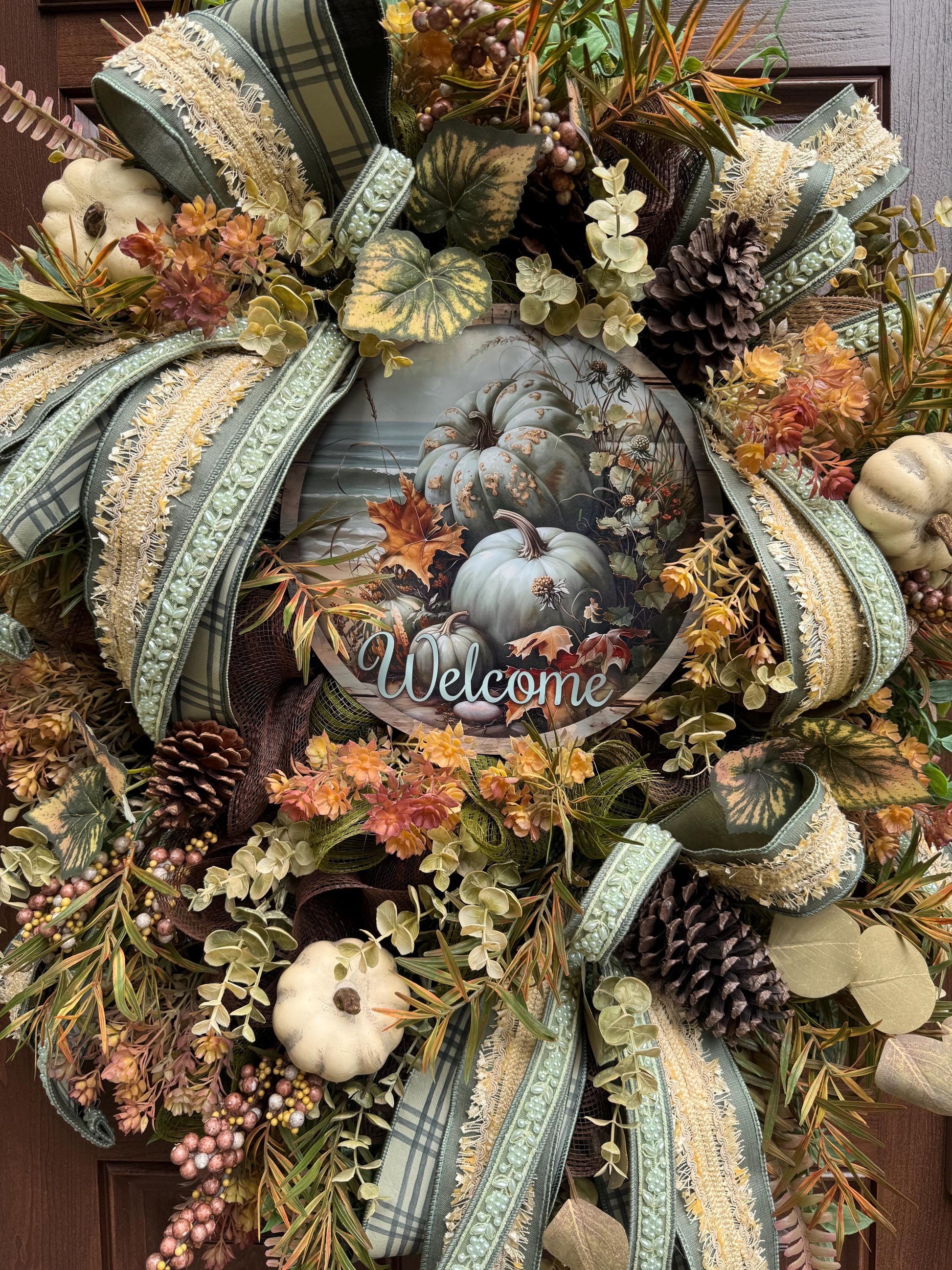 Welcome Fall Wreath, Rustic Autumn Door Decor, Woodland Pumpkin Wreath, Farmhouse Thanksgiving Hanger
