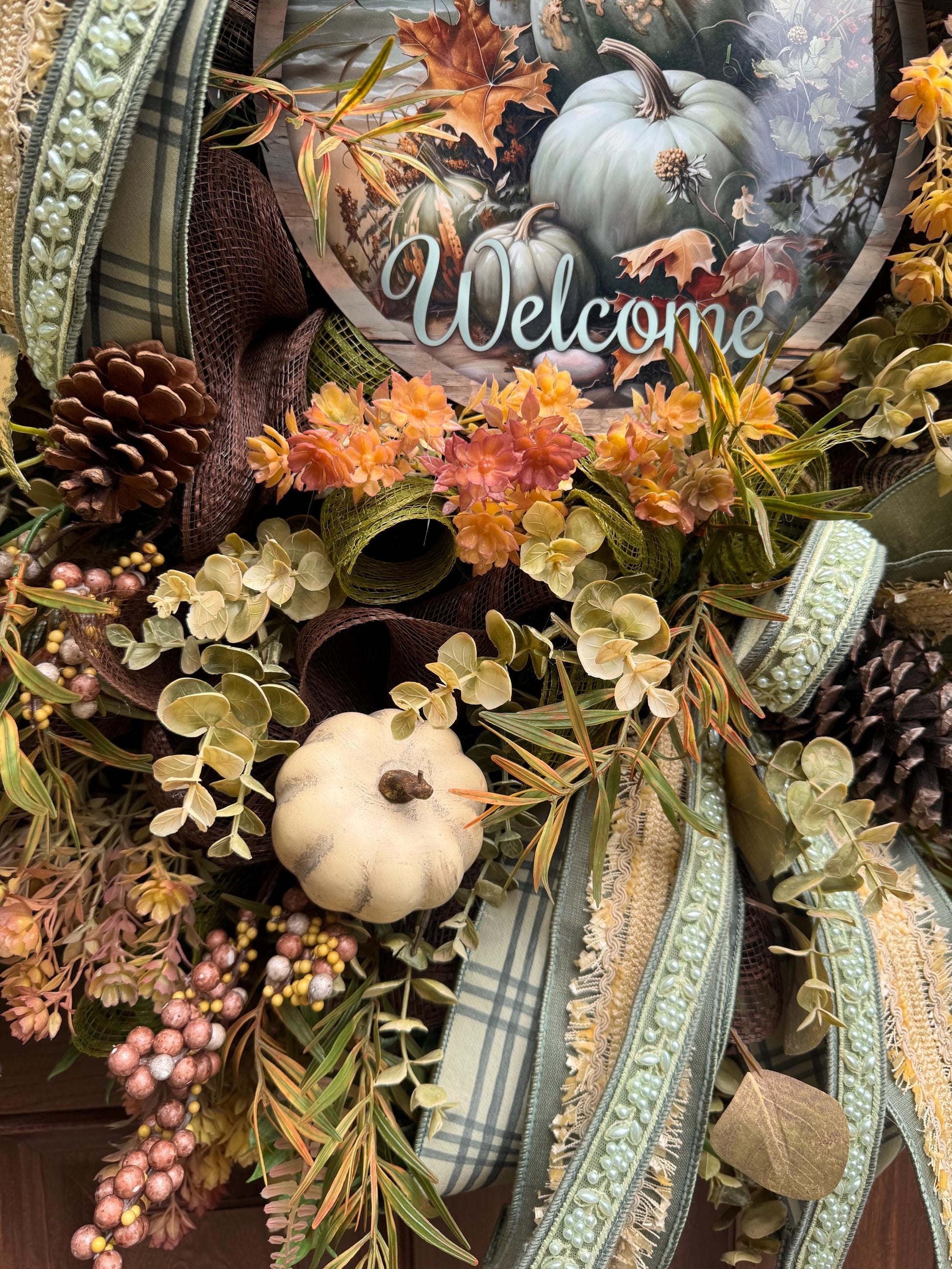 Welcome Fall Wreath, Rustic Autumn Door Decor, Woodland Pumpkin Wreath, Farmhouse Thanksgiving Hanger