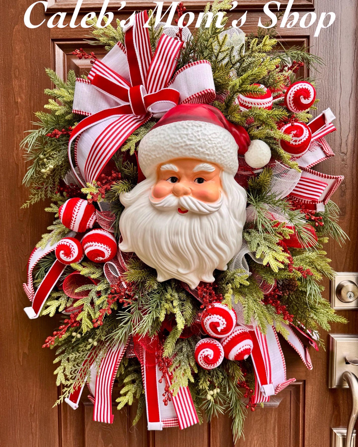Santa Christmas Wreath, Peppermint Candy Christmas Door Hanger, Vintage Santa Face Wreath, Red White Holiday Front Door Decor
