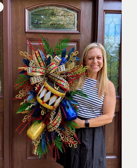 Nutcracker Drum Wreath for Front Door, Glam Holiday Home Decor for Porch or Indoor Office Wall Hanging, Elegant Christmas Party Accent