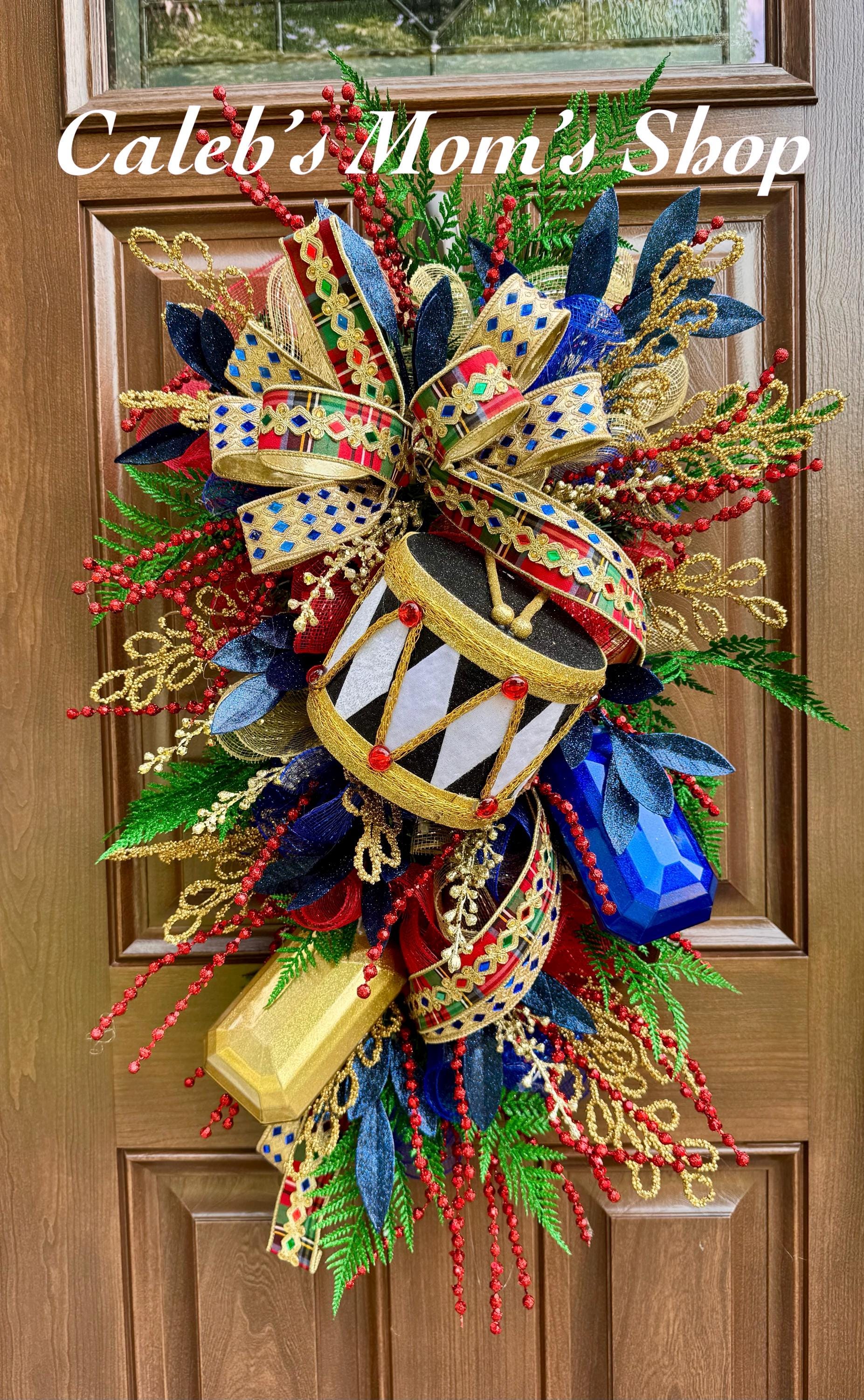 Nutcracker Drum Wreath for Front Door, Glam Holiday Home Decor for Porch or Indoor Office Wall Hanging, Elegant Christmas Party Accent