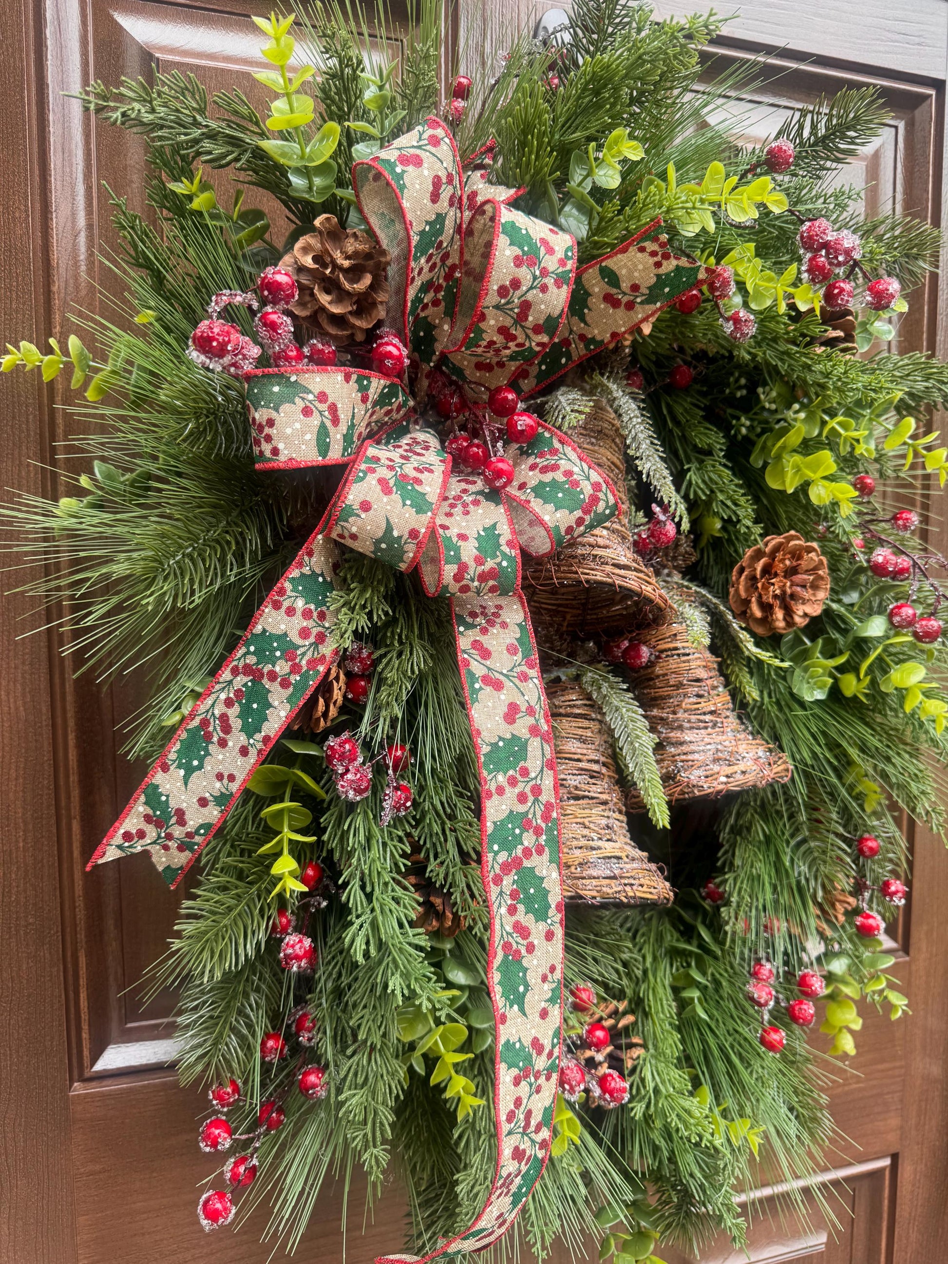 Rustic Christmas Bell Wreath, Farmhouse Christmas Front Door Wreath, Pinecone & Holly Berry Winter Wreath, Woodland Holiday Door Decor