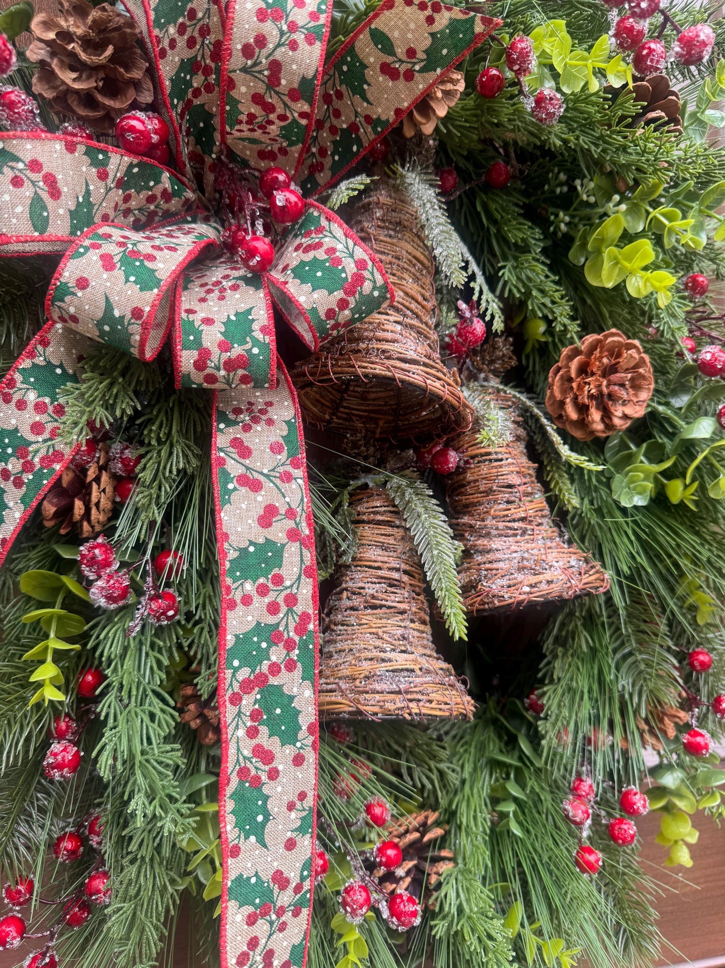 Rustic Christmas Bell Wreath, Farmhouse Christmas Front Door Wreath, Pinecone & Holly Berry Winter Wreath, Woodland Holiday Door Decor