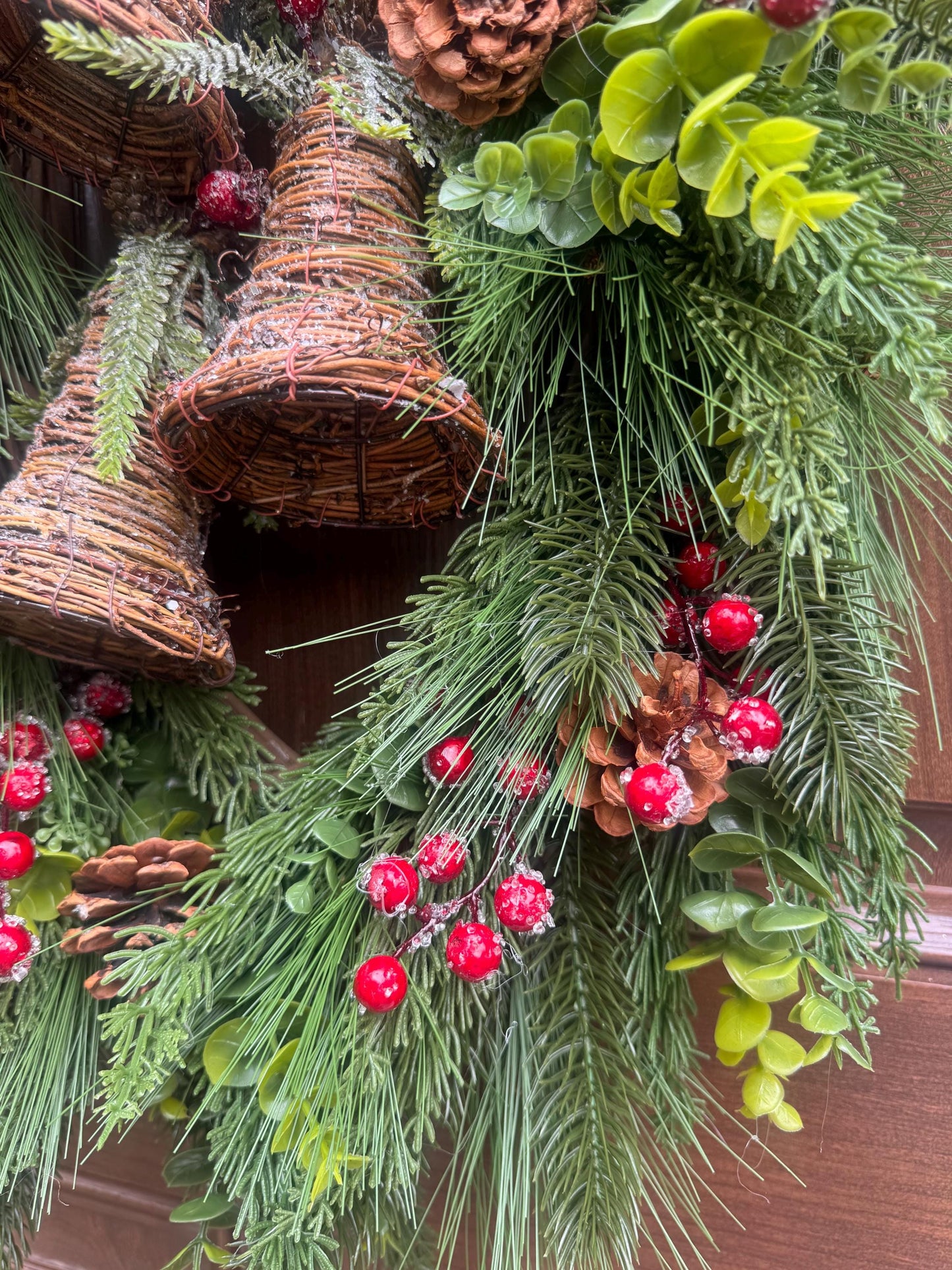 Rustic Christmas Bell Wreath, Farmhouse Christmas Front Door Wreath, Pinecone & Holly Berry Winter Wreath, Woodland Holiday Door Decor