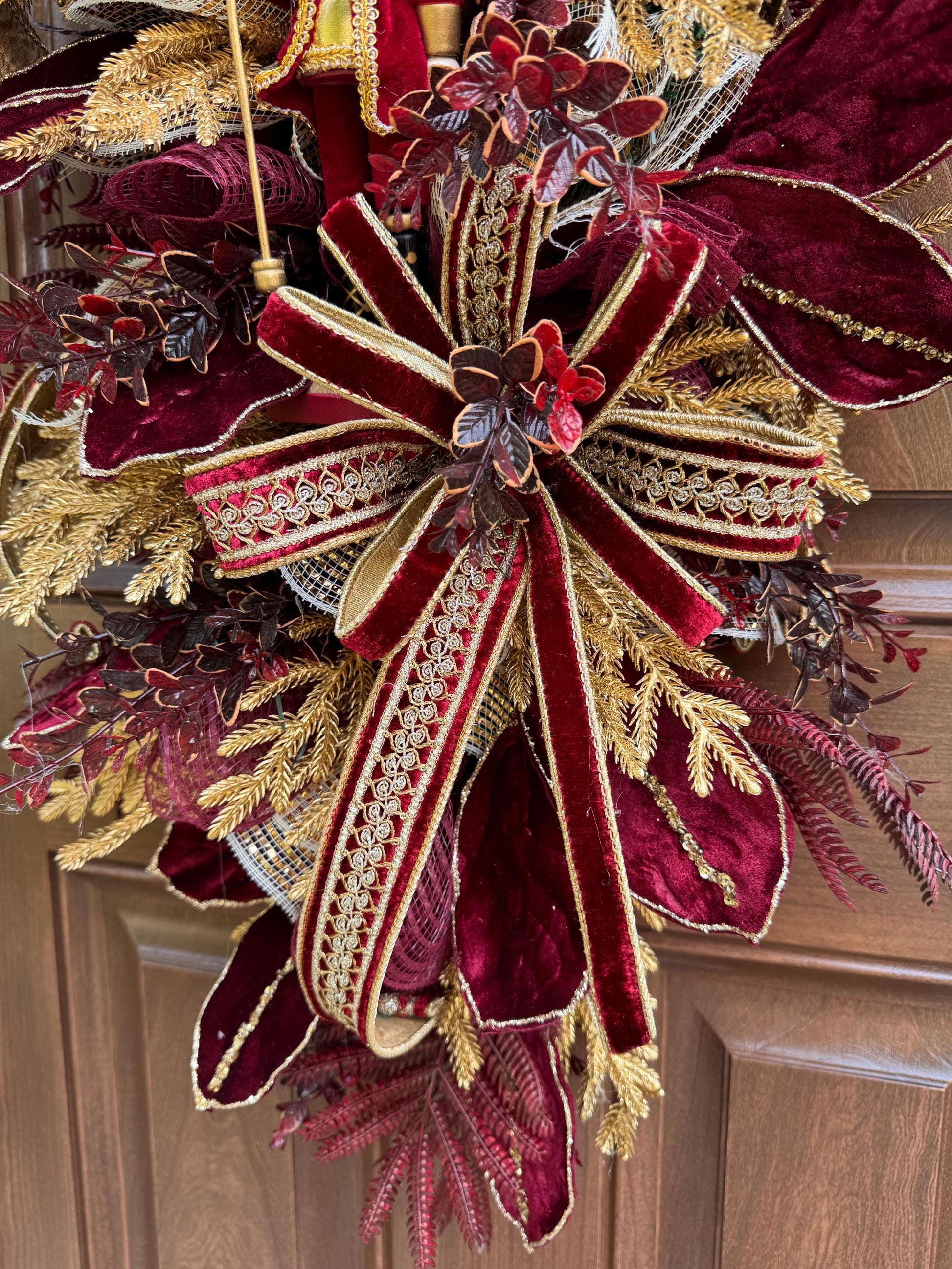 Burgundy Gold Nutcracker Christmas Swag, Luxury Christmas Door Wreath, Elegant Holiday Front Door Decor, Christmas Porch Decor