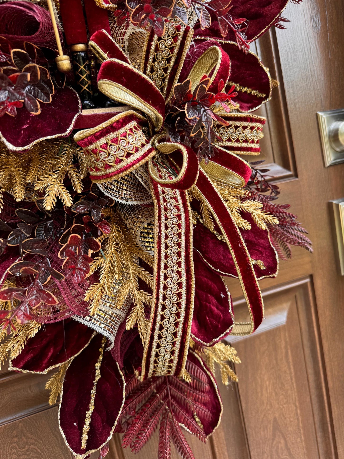 Burgundy Gold Nutcracker Christmas Swag, Luxury Christmas Door Wreath, Elegant Holiday Front Door Decor, Christmas Porch Decor