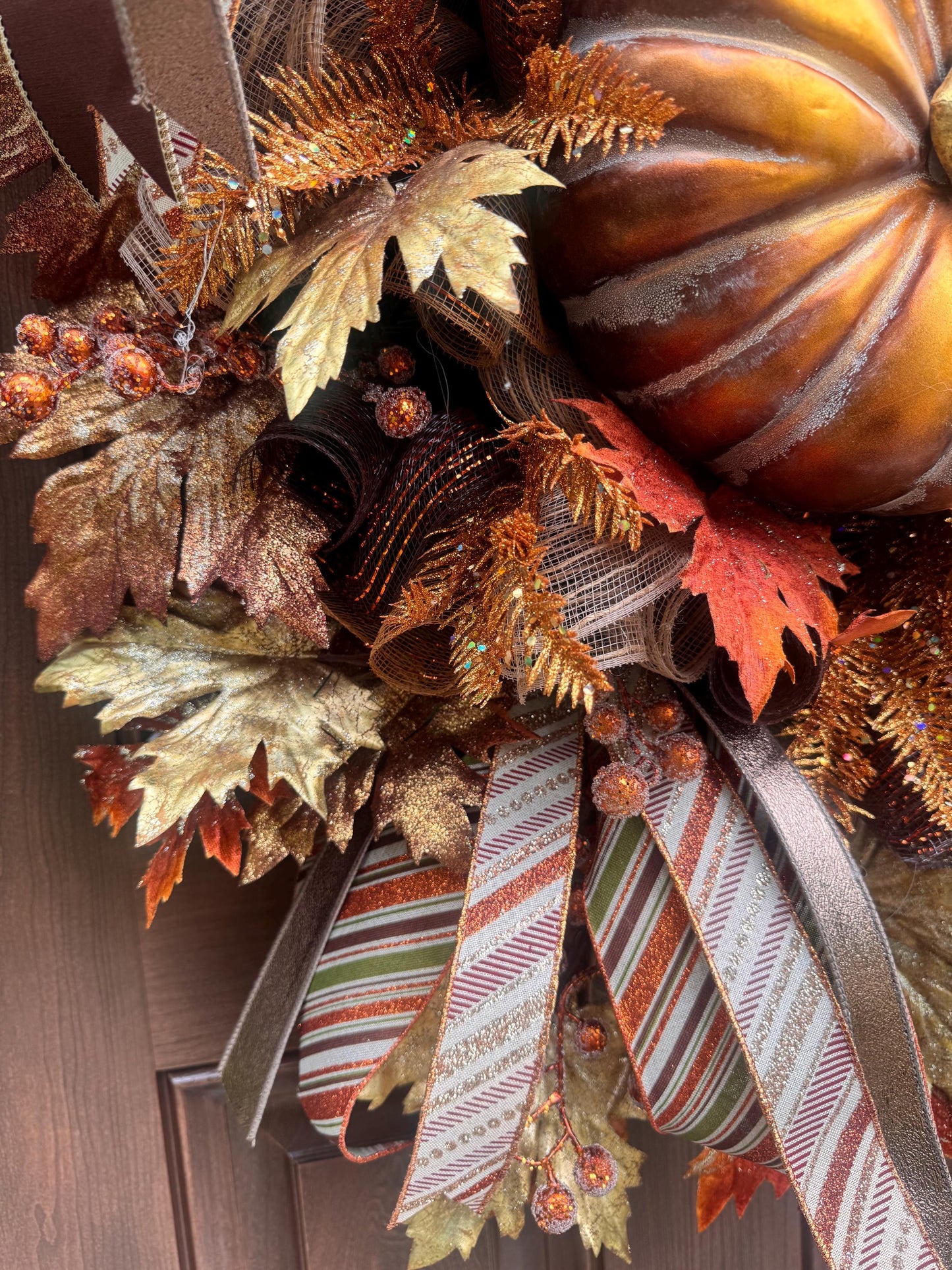 Copper Fall Pumpkin Wreath, XL Large Autumn Door Decor for Outdoor Porch or Indoor Office Wall Hanger, Fall Hostess Gift for Her