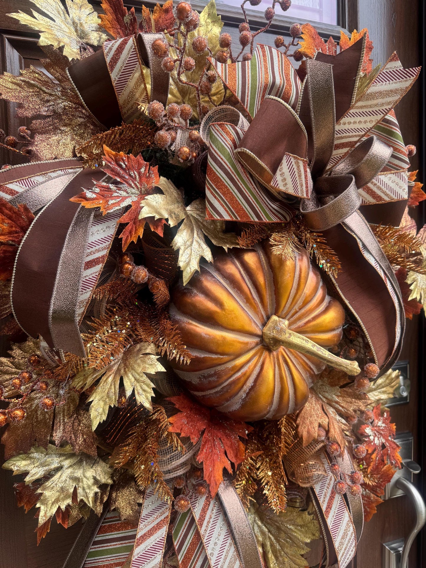 Copper Fall Pumpkin Wreath, XL Large Autumn Door Decor for Outdoor Porch or Indoor Office Wall Hanger, Fall Hostess Gift for Her