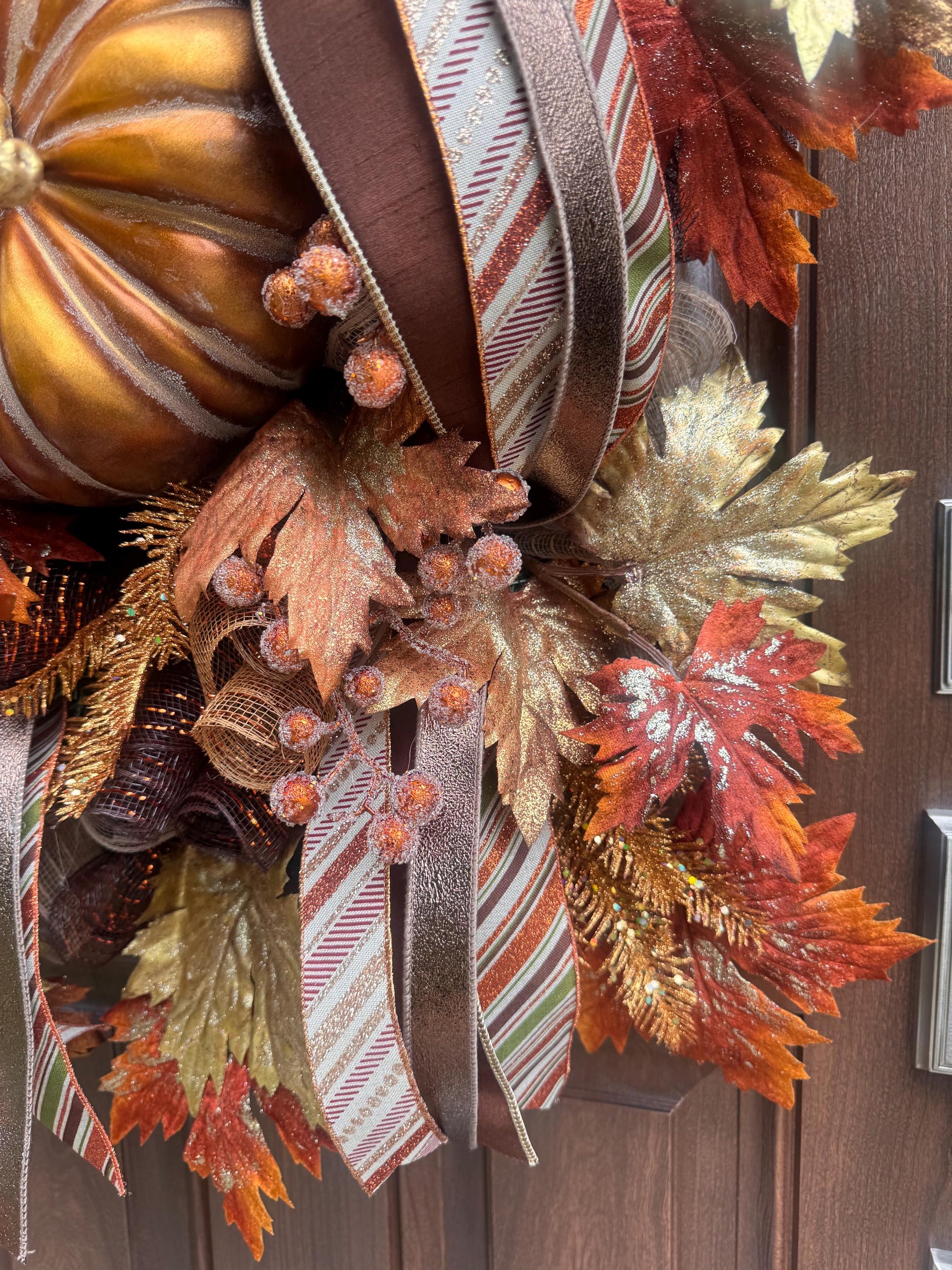 Copper Fall Pumpkin Wreath, XL Large Autumn Door Decor for Outdoor Porch or Indoor Office Wall Hanger, Fall Hostess Gift for Her