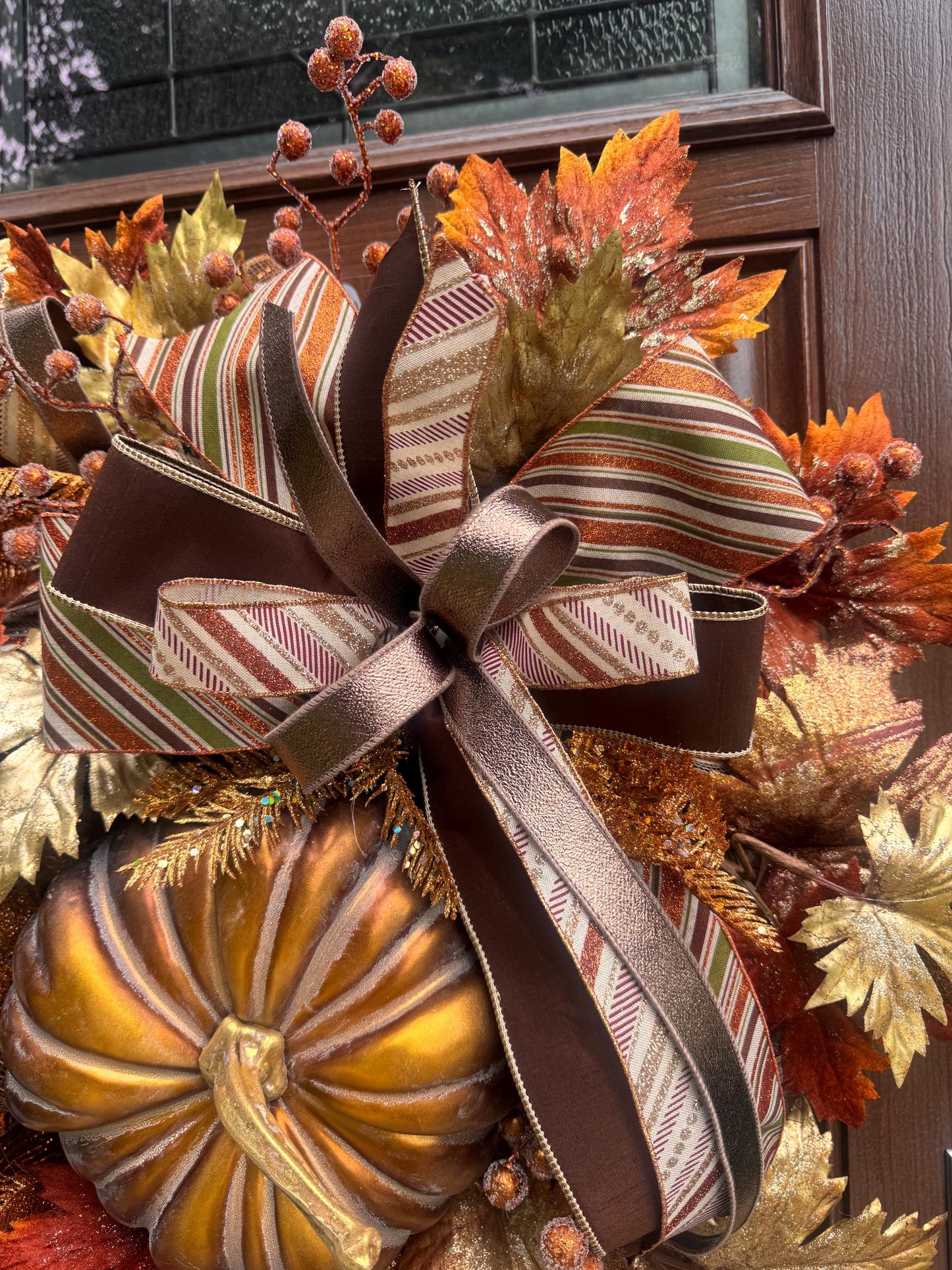 Copper Fall Pumpkin Wreath, XL Large Autumn Door Decor for Outdoor Porch or Indoor Office Wall Hanger, Fall Hostess Gift for Her