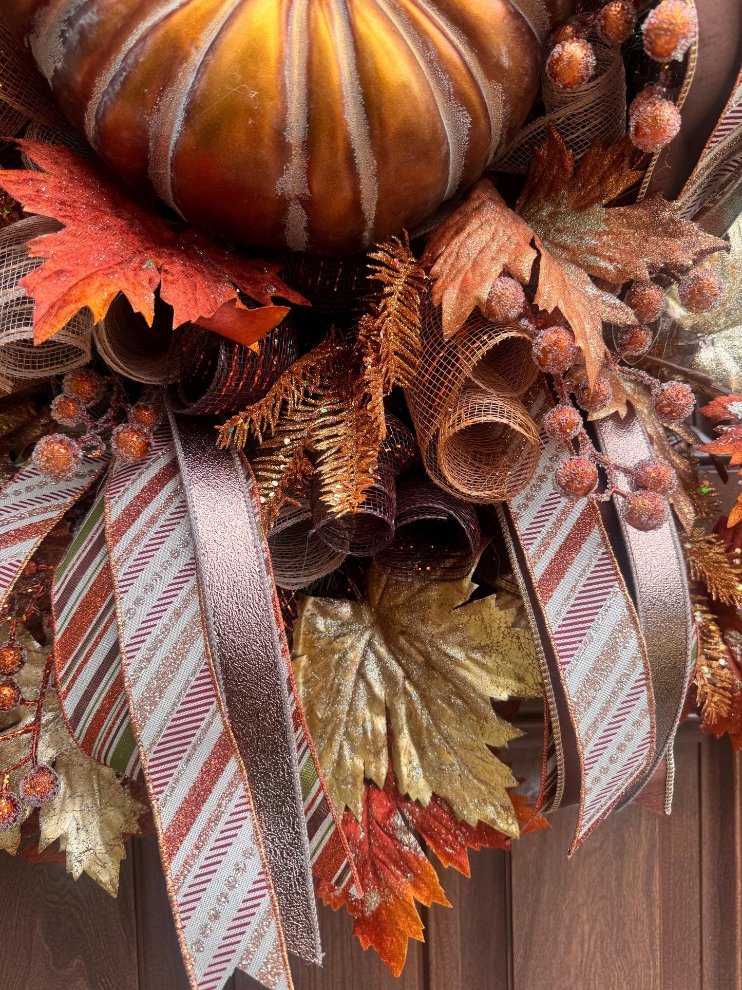 Copper Fall Pumpkin Wreath, XL Large Autumn Door Decor for Outdoor Porch or Indoor Office Wall Hanger, Fall Hostess Gift for Her