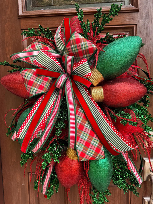 Whimsical Christmas Wreath with Glittered Lights and Ribbons – Red and Green Holiday Door Decor for Front Door, Christmas Outdoor Porch