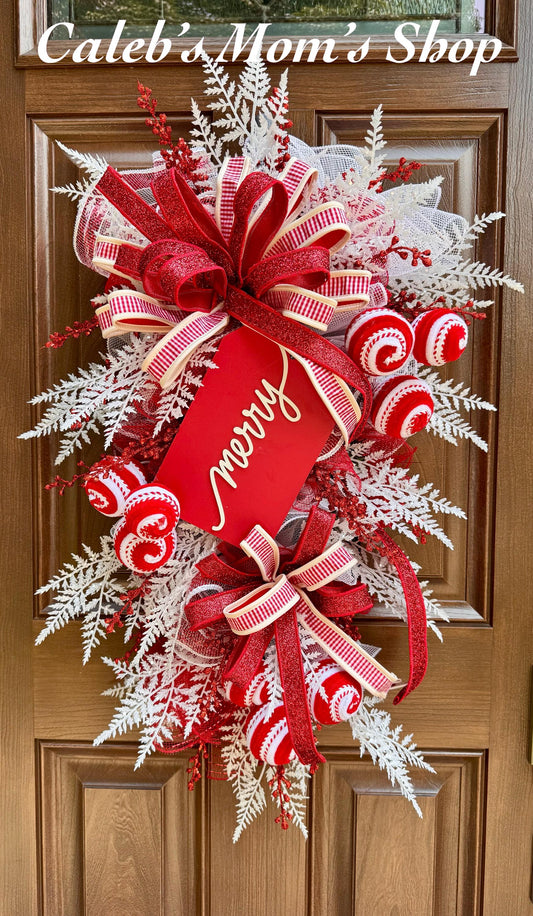 Peppermint Christmas Swag, Candy Cane Holiday Door Decoration, Merry Christmas Hanger for Outdoor Porch or Indoor Office Wall