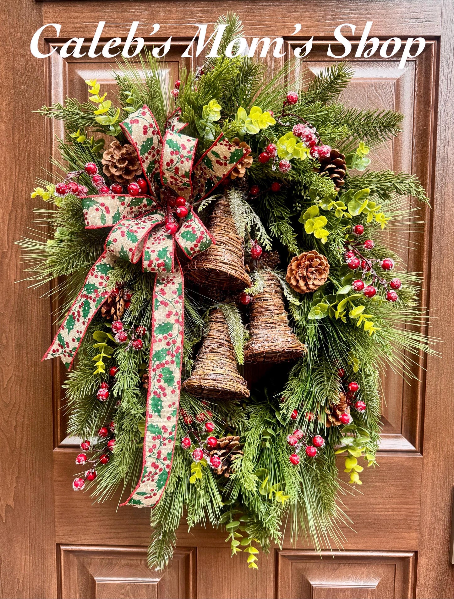 Rustic Christmas Bell Wreath, Farmhouse Christmas Front Door Wreath, Pinecone & Holly Berry Winter Wreath, Woodland Holiday Door Decor