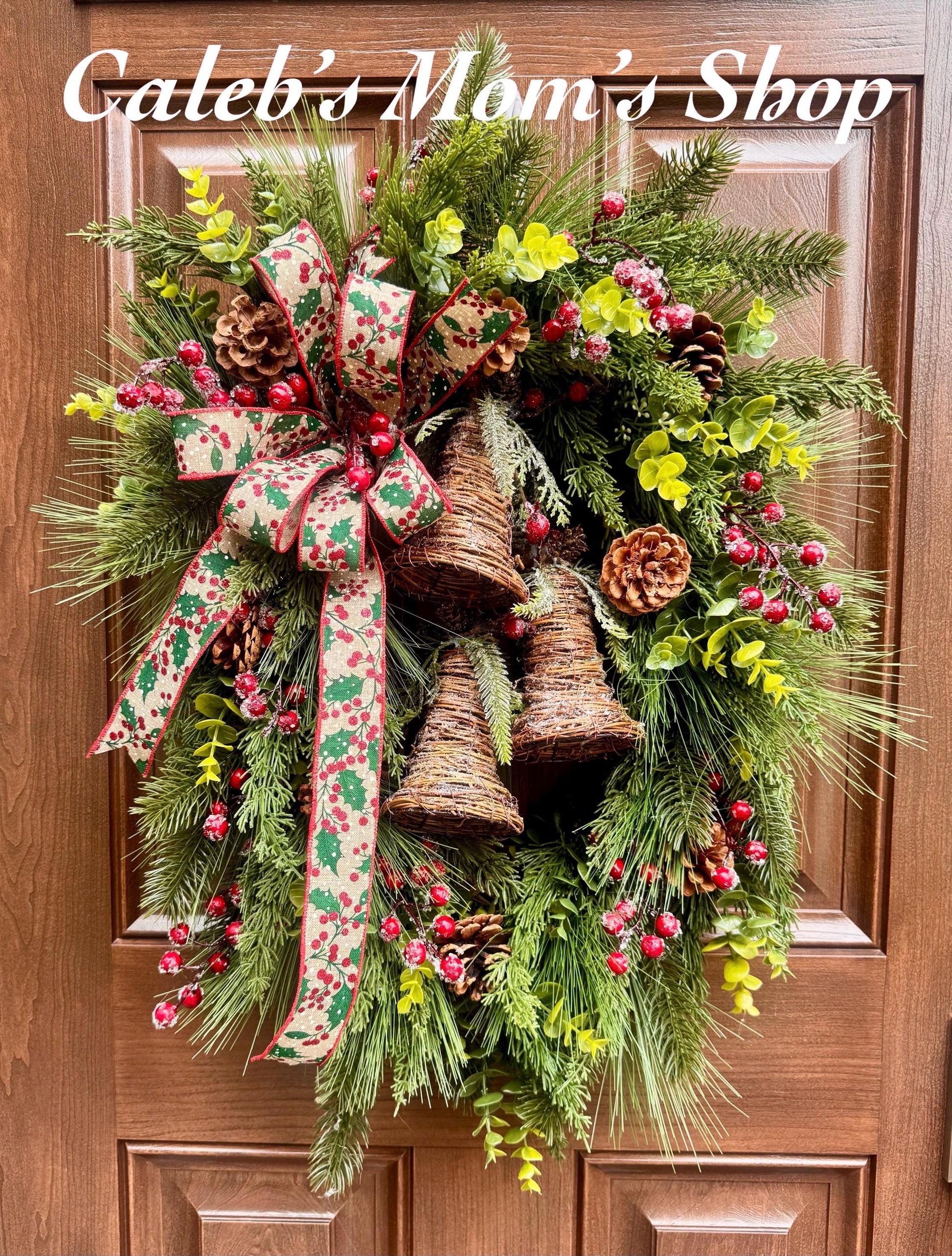 Rustic Christmas Bell Wreath, Farmhouse Christmas Front Door Wreath, Pinecone & Holly Berry Winter Wreath, Woodland Holiday Door Decor