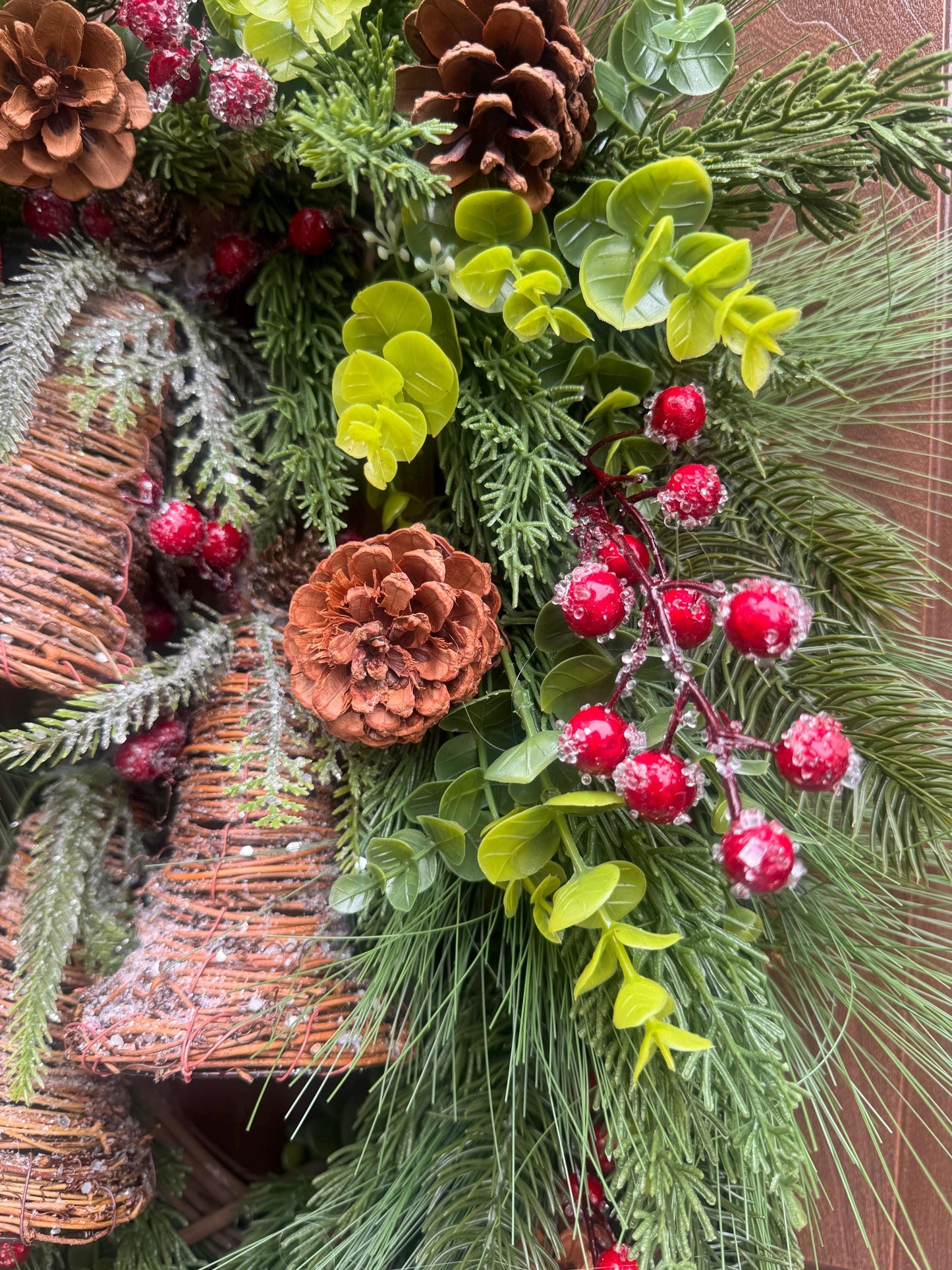 Rustic Christmas Bell Wreath, Farmhouse Christmas Front Door Wreath, Pinecone & Holly Berry Winter Wreath, Woodland Holiday Door Decor