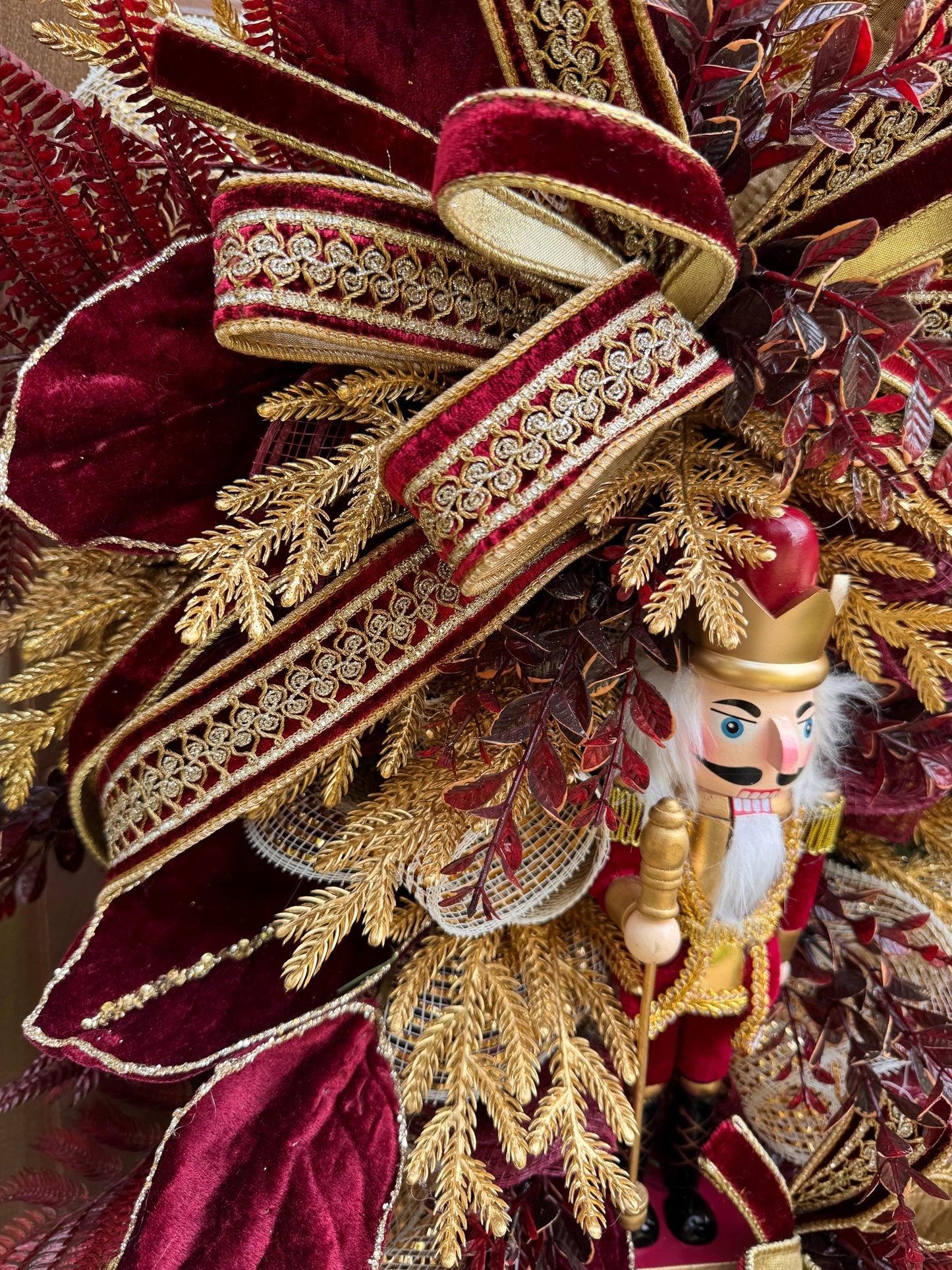Burgundy Gold Nutcracker Christmas Swag, Luxury Christmas Door Wreath, Elegant Holiday Front Door Decor, Christmas Porch Decor