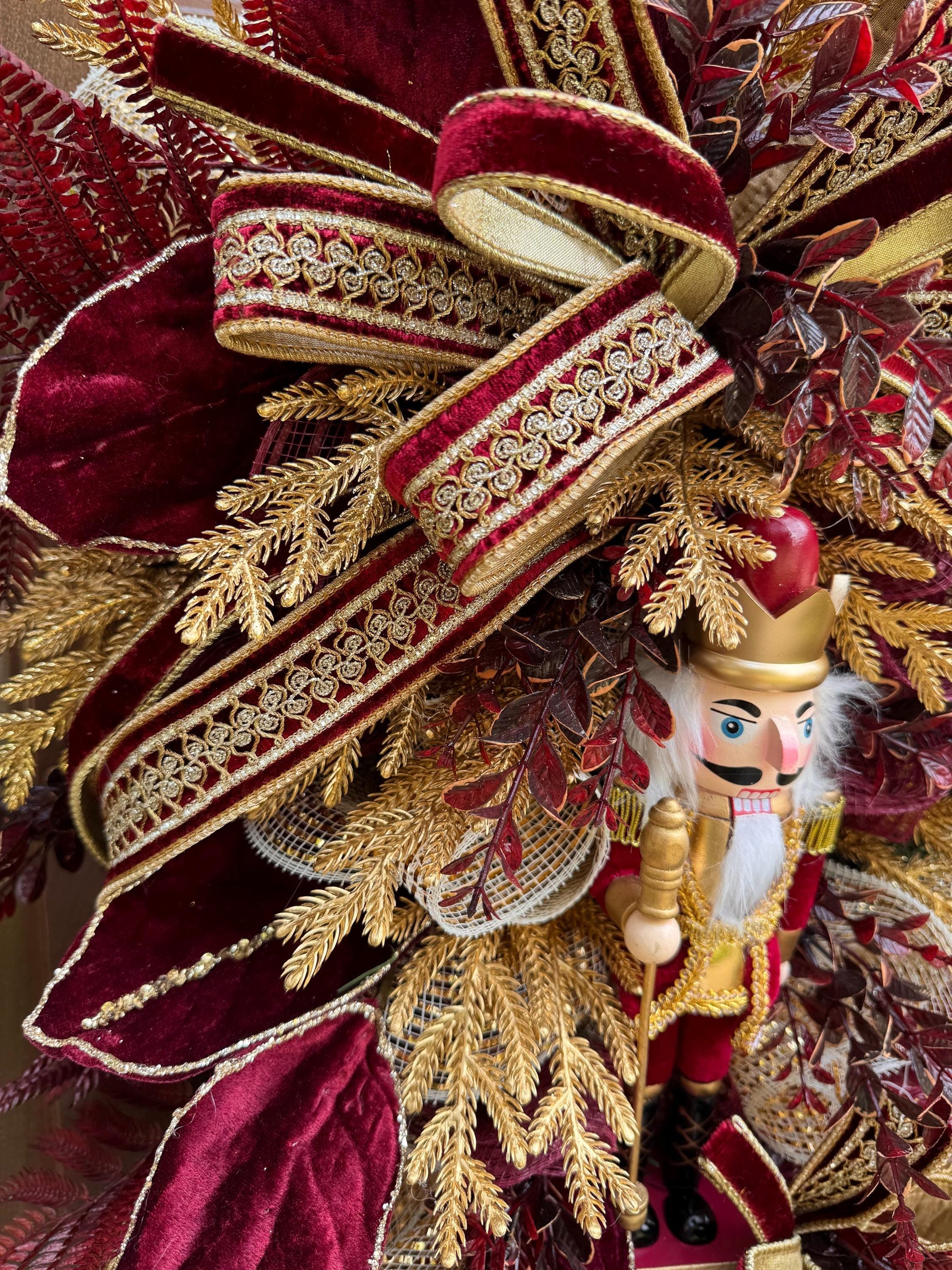 Burgundy Gold Nutcracker Christmas Swag, Luxury Christmas Door Wreath, Elegant Holiday Front Door Decor, Christmas Porch Decor