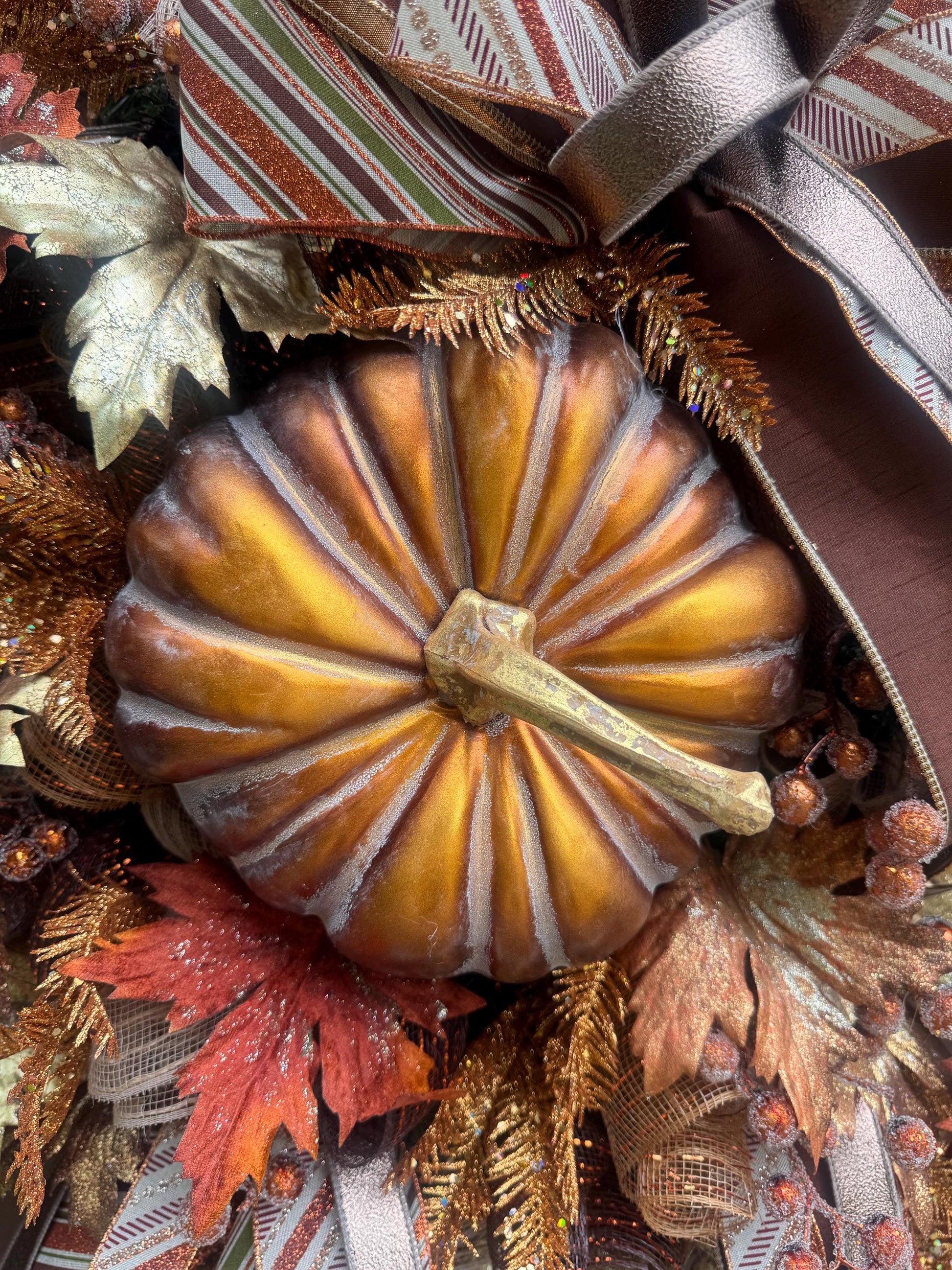 Copper Fall Pumpkin Wreath, XL Large Autumn Door Decor for Outdoor Porch or Indoor Office Wall Hanger, Fall Hostess Gift for Her