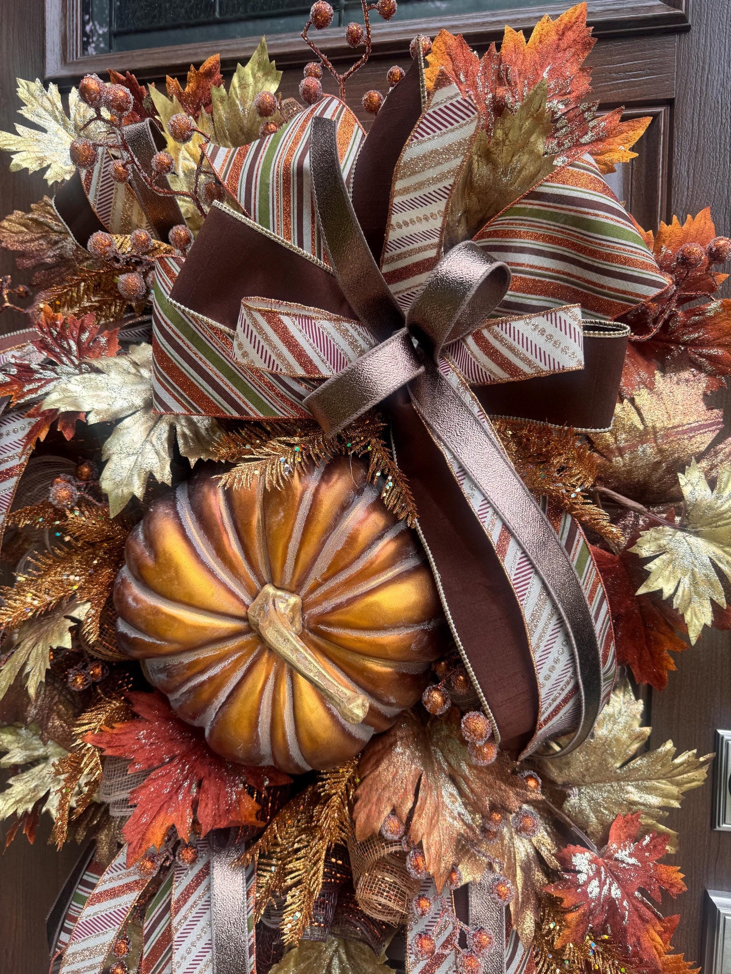 Copper Fall Pumpkin Wreath, XL Large Autumn Door Decor for Outdoor Porch or Indoor Office Wall Hanger, Fall Hostess Gift for Her