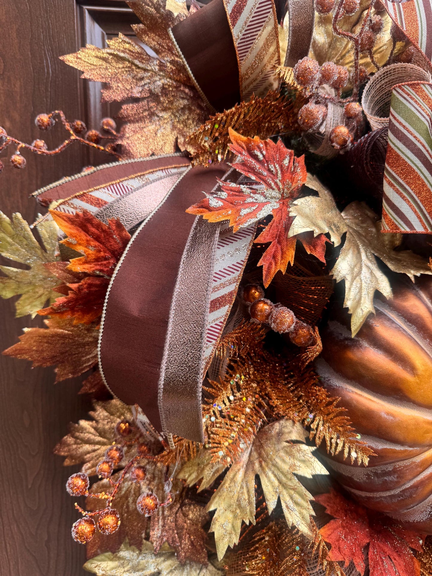 Copper Fall Pumpkin Wreath, XL Large Autumn Door Decor for Outdoor Porch or Indoor Office Wall Hanger, Fall Hostess Gift for Her