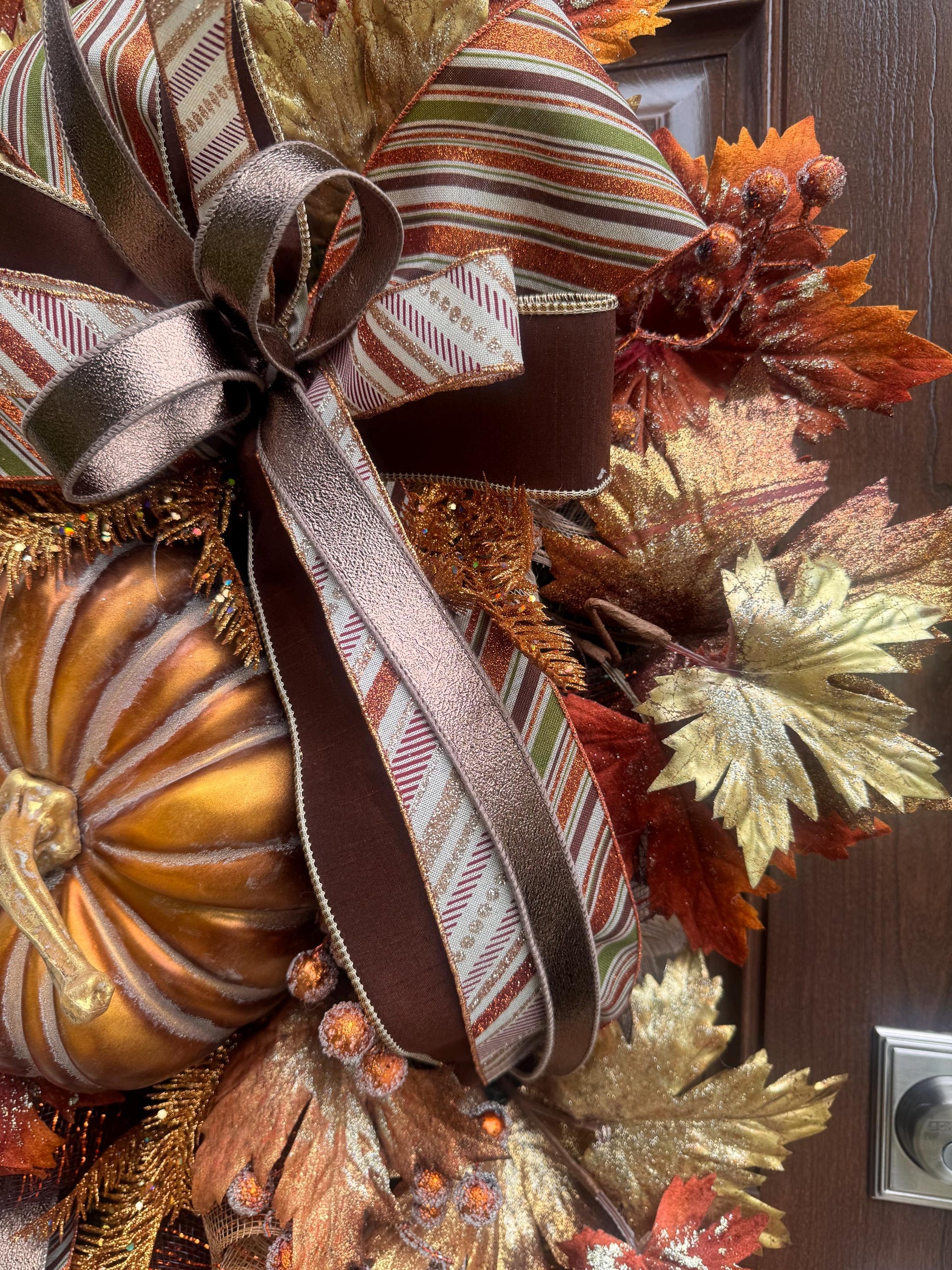 Copper Fall Pumpkin Wreath, XL Large Autumn Door Decor for Outdoor Porch or Indoor Office Wall Hanger, Fall Hostess Gift for Her