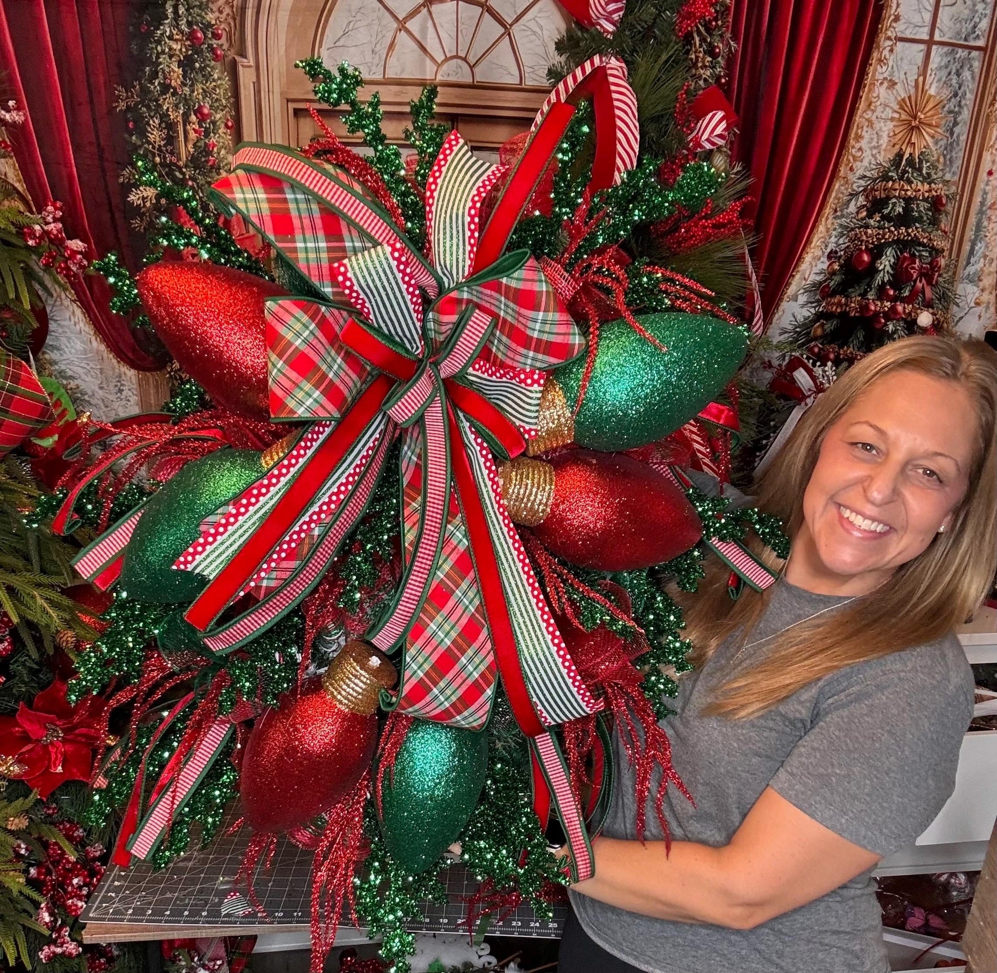 Whimsical Christmas Wreath with Glittered Lights and Ribbons – Red and Green Holiday Door Decor for Front Door, Christmas Outdoor Porch