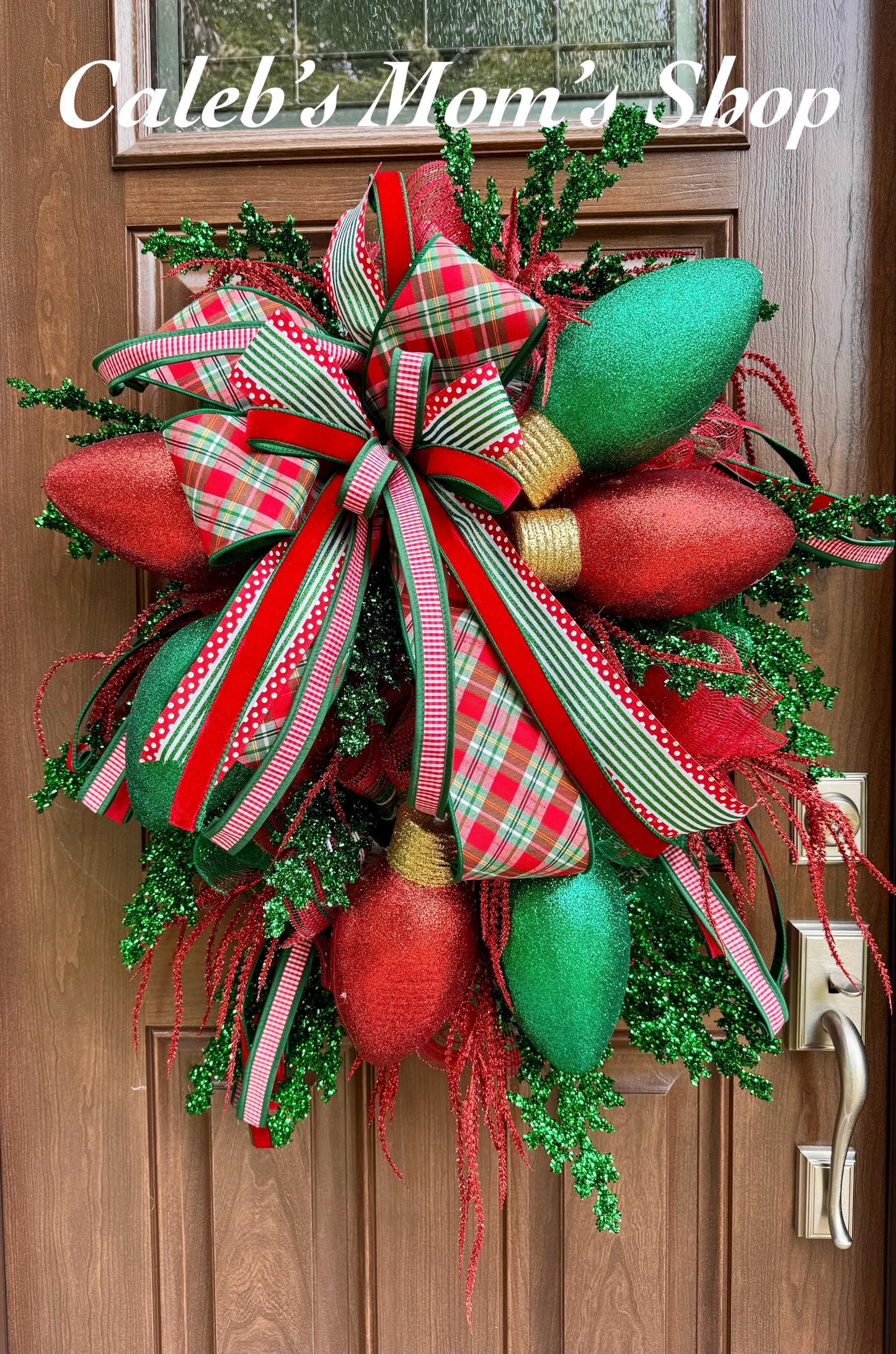 Whimsical Christmas Wreath with Glittered Lights and Ribbons – Red and Green Holiday Door Decor for Front Door, Christmas Outdoor Porch
