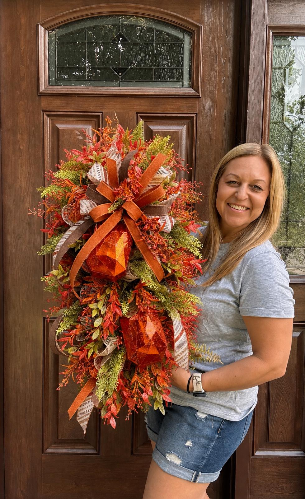 Handcrafted Fall Jewel Swag Wreath, Autumn Foliage Door Decor, Farmhouse Accent, 36 Inch Length