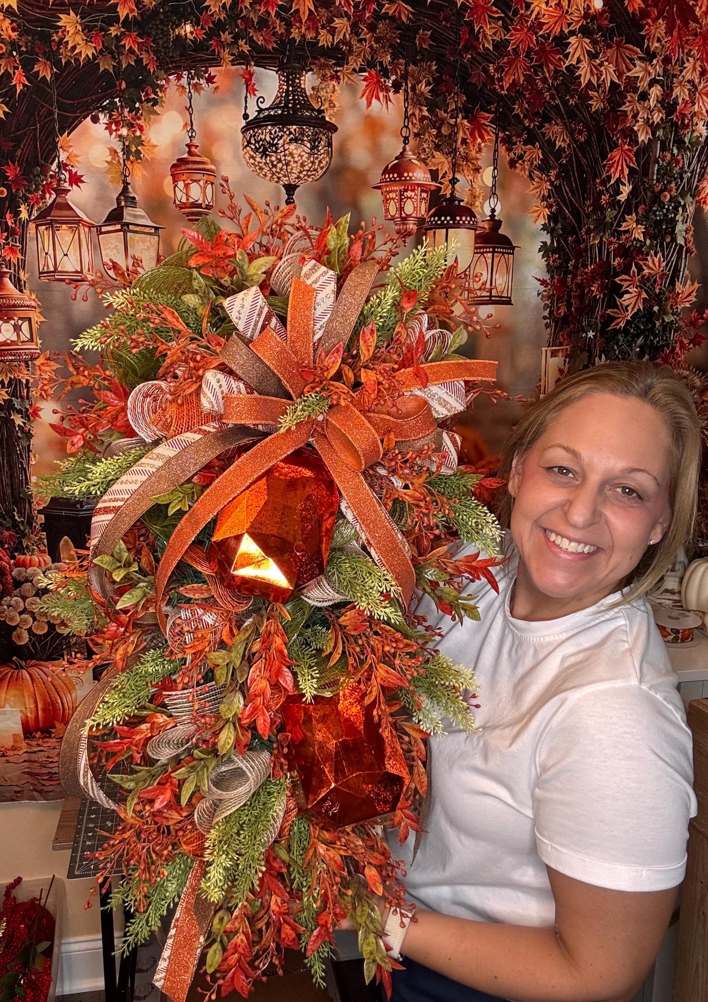 Handcrafted Fall Jewel Swag Wreath, Autumn Foliage Door Decor, Farmhouse Accent, 36 Inch Length