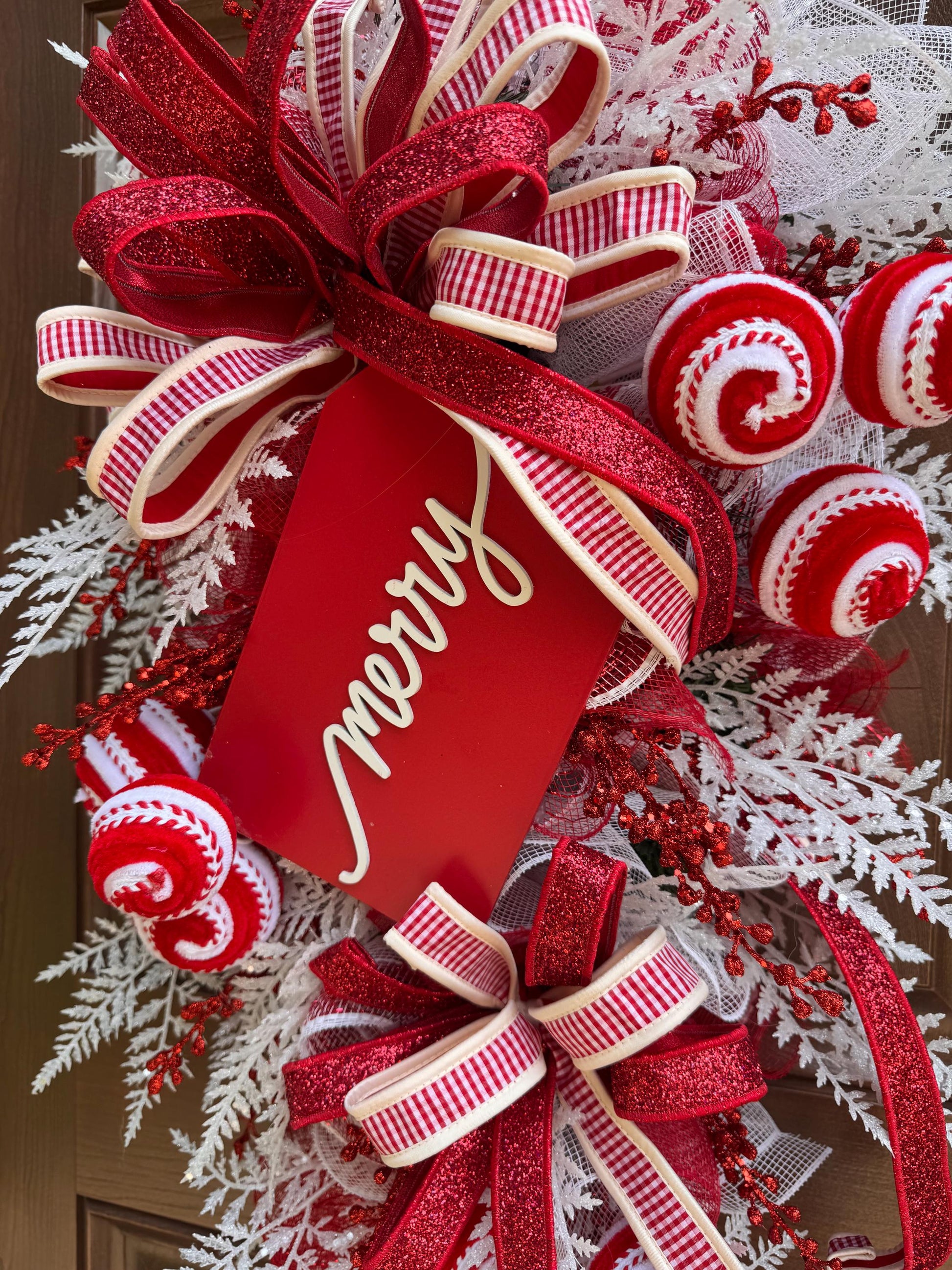 Peppermint Christmas Swag, Candy Cane Holiday Door Decoration, Merry Christmas Hanger for Outdoor Porch or Indoor Office Wall
