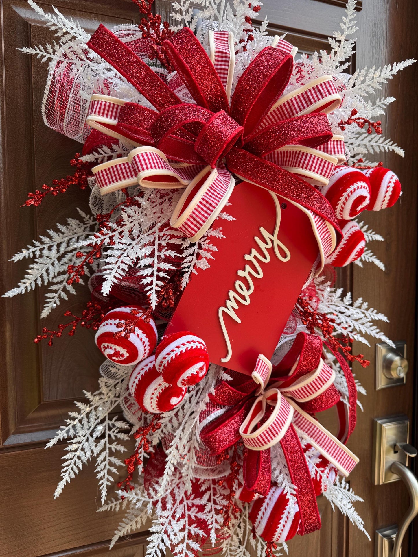Peppermint Christmas Swag, Candy Cane Holiday Door Decoration, Merry Christmas Hanger for Outdoor Porch or Indoor Office Wall