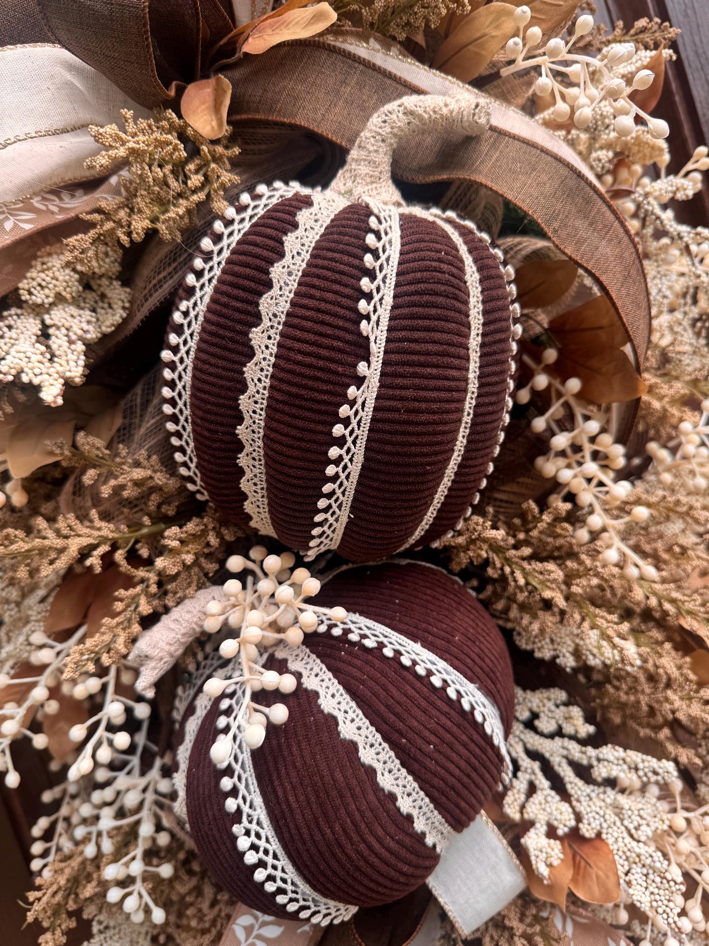 Handmade Corduroy Pumpkin Fall Swag for Front Door, Chocolate Brown Autumn Decor, Neutral Harvest Floral, Rustic Thanksgiving Decoration