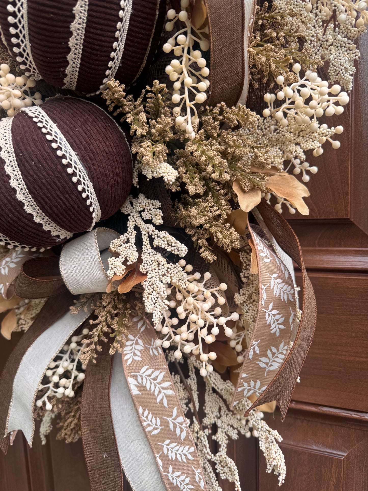 Handmade Corduroy Pumpkin Fall Swag for Front Door, Chocolate Brown Autumn Decor, Neutral Harvest Floral, Rustic Thanksgiving Decoration
