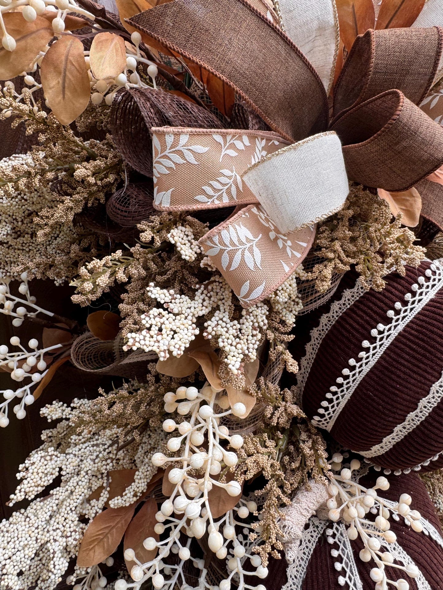 Handmade Corduroy Pumpkin Fall Swag for Front Door, Chocolate Brown Autumn Decor, Neutral Harvest Floral, Rustic Thanksgiving Decoration