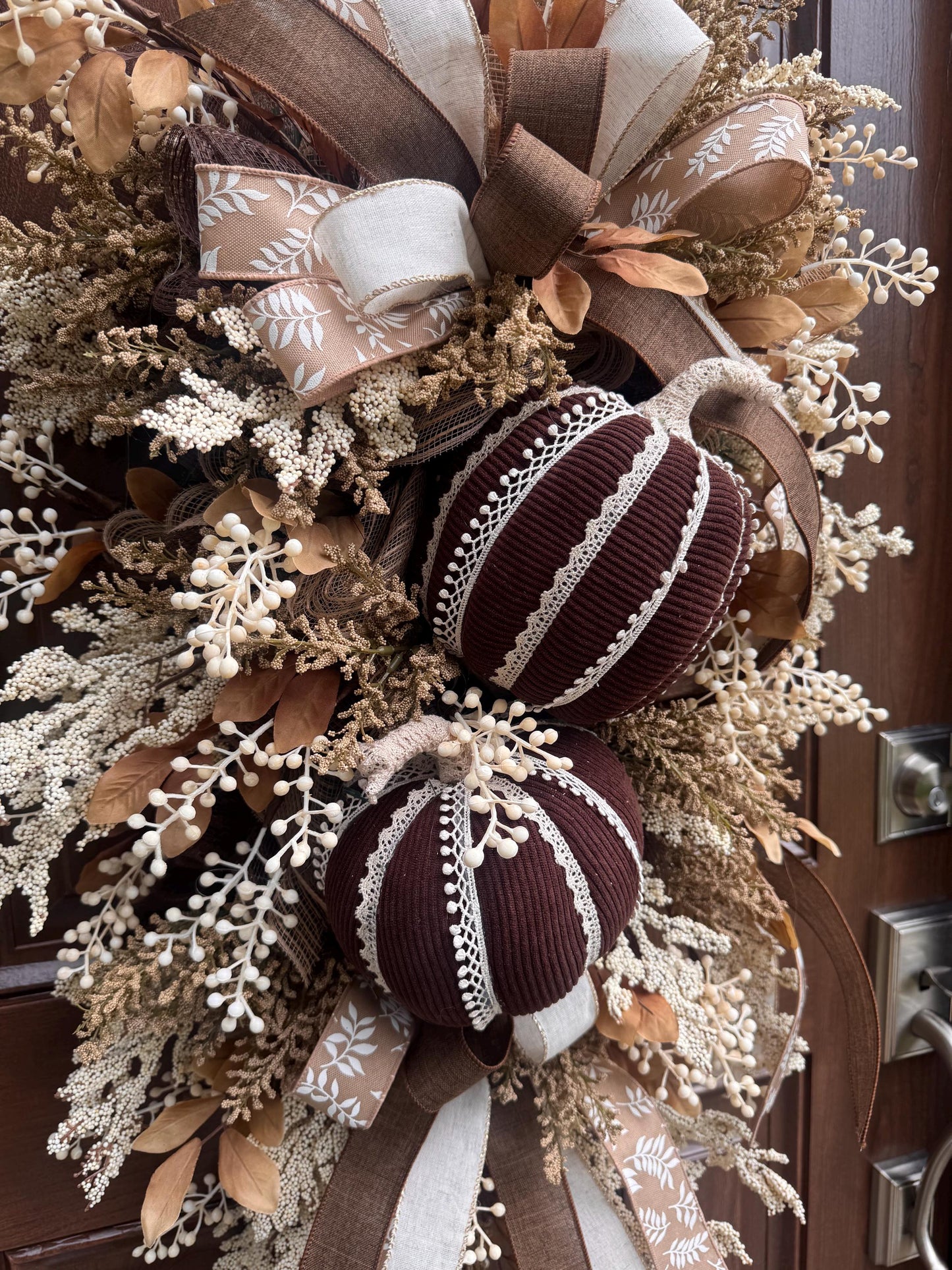 Handmade Corduroy Pumpkin Fall Swag for Front Door, Chocolate Brown Autumn Decor, Neutral Harvest Floral, Rustic Thanksgiving Decoration