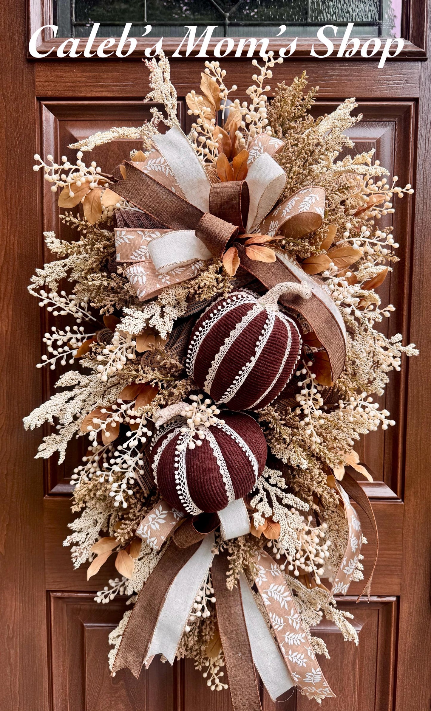 Handmade Corduroy Pumpkin Fall Swag for Front Door, Chocolate Brown Autumn Decor, Neutral Harvest Floral, Rustic Thanksgiving Decoration