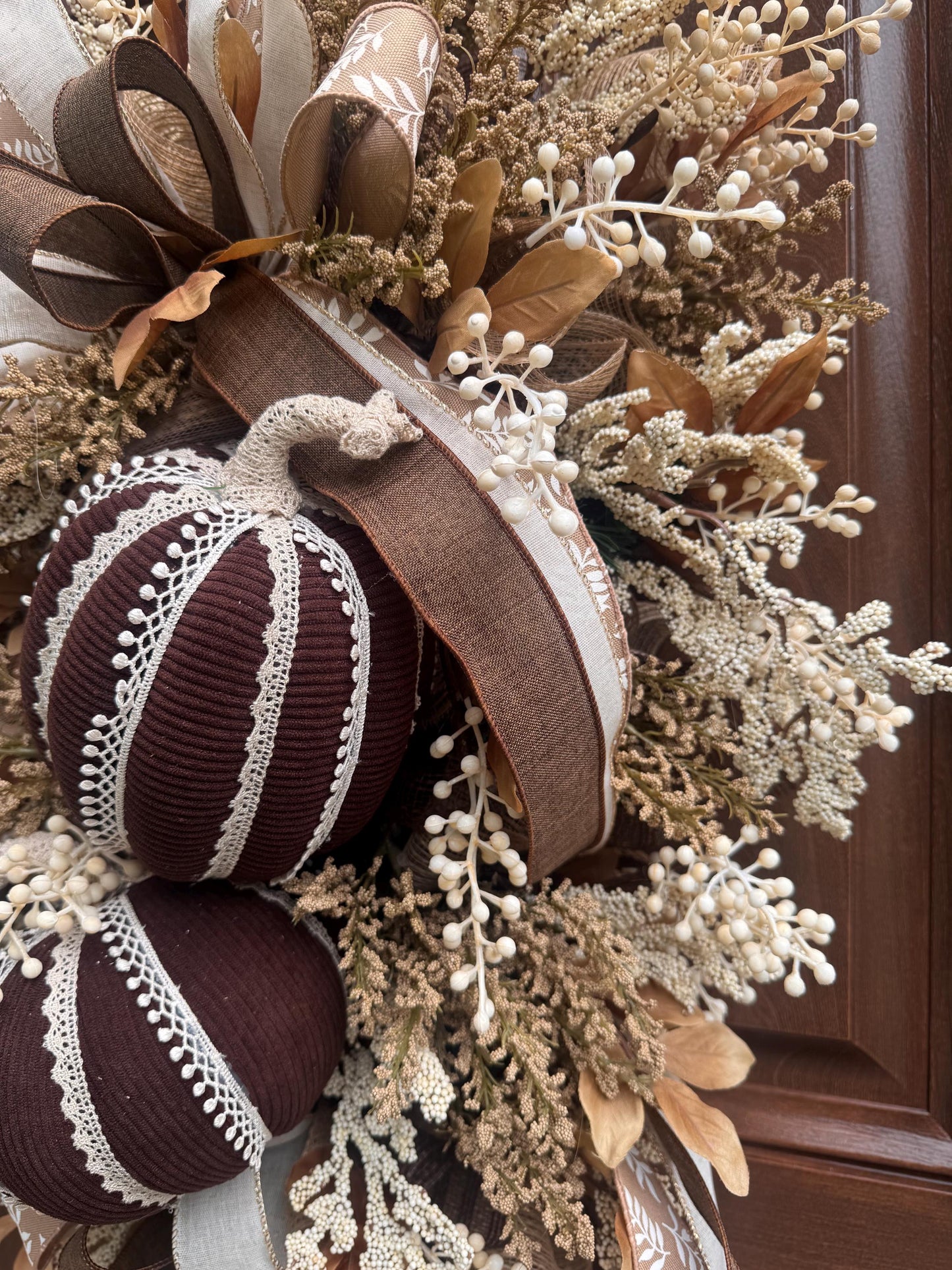 Handmade Corduroy Pumpkin Fall Swag for Front Door, Chocolate Brown Autumn Decor, Neutral Harvest Floral, Rustic Thanksgiving Decoration