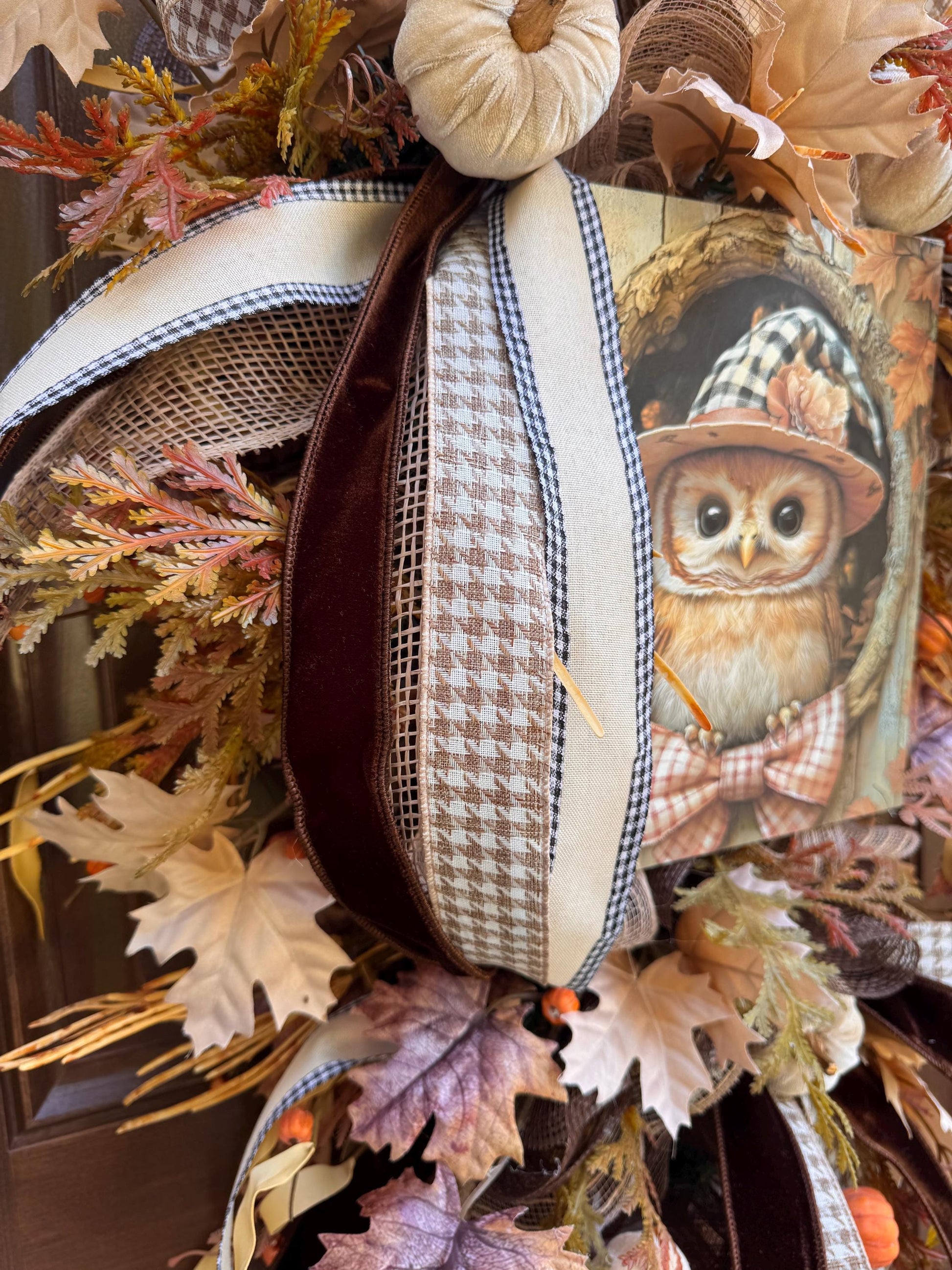 Fall Owl Wreath for Front Door, Neutral Autumn Pumpkin Wreath for Outdoor Porch, Woodland Owl Decor, Rustic Fall Door Hanger