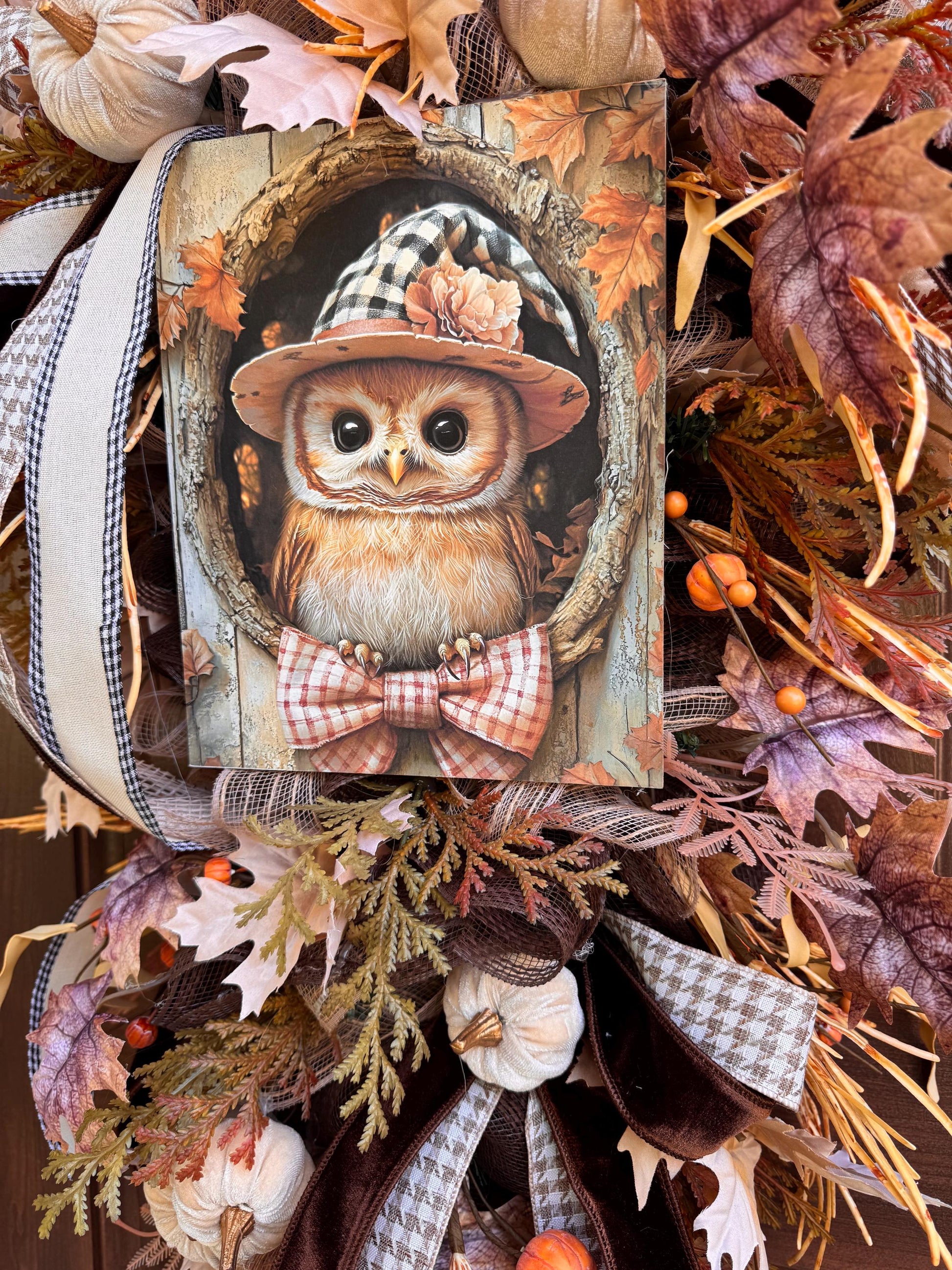 Fall Owl Wreath for Front Door, Neutral Autumn Pumpkin Wreath for Outdoor Porch, Woodland Owl Decor, Rustic Fall Door Hanger