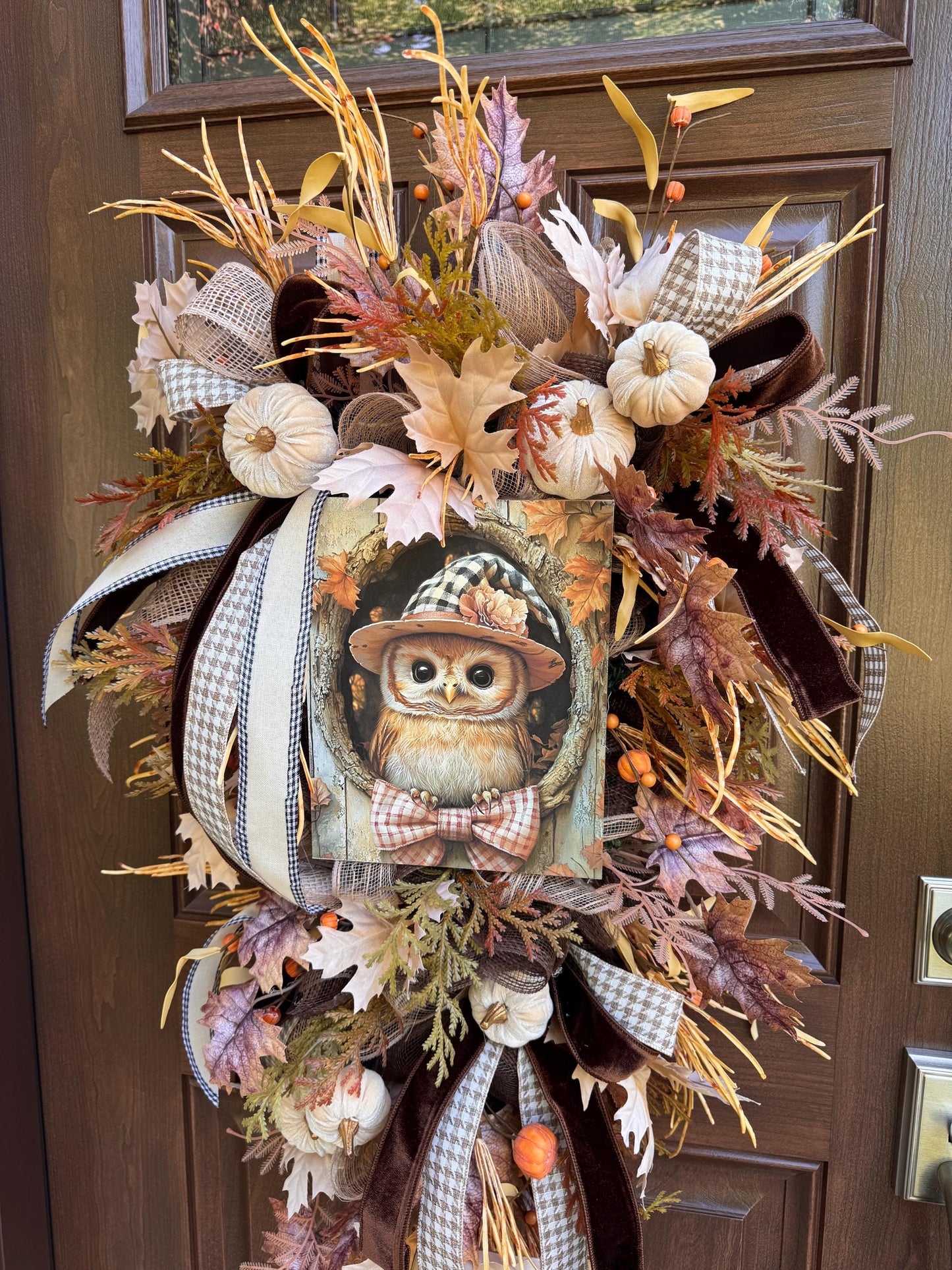 Fall Owl Wreath for Front Door, Neutral Autumn Pumpkin Wreath for Outdoor Porch, Woodland Owl Decor, Rustic Fall Door Hanger