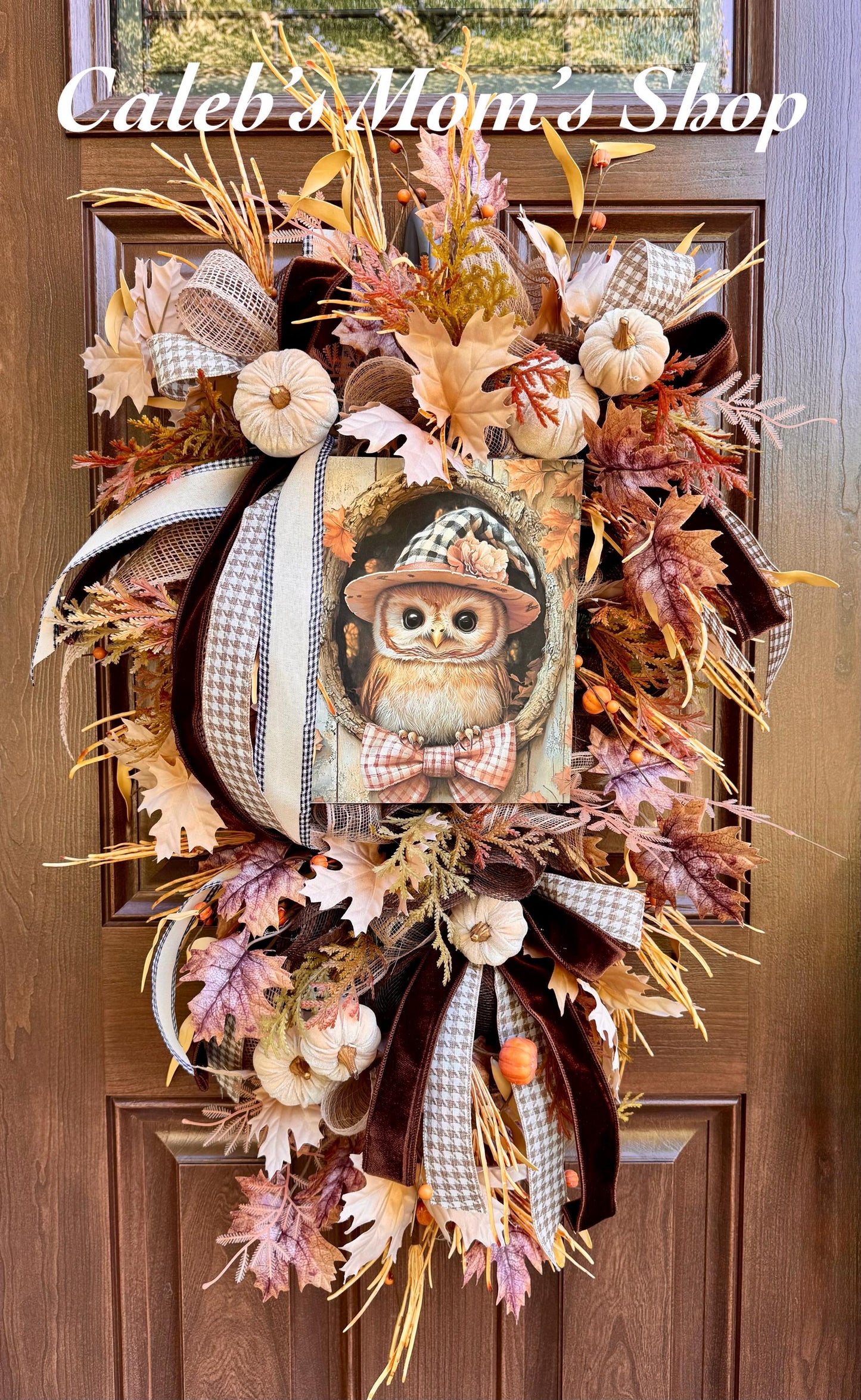 Fall Owl Wreath for Front Door, Neutral Autumn Pumpkin Wreath for Outdoor Porch, Woodland Owl Decor, Rustic Fall Door Hanger