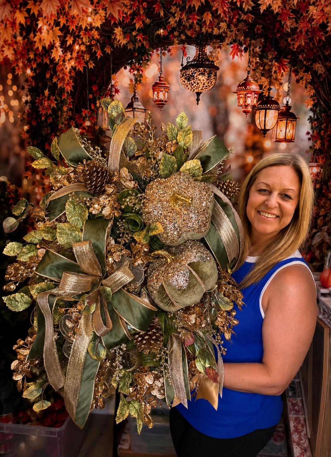 Glam Velvet Pumpkin Fall Swag Wreath for Front Door, Autumn Decor for Outdoor Porch or Indoor Office Wall Hanger, Elegant Pumpkin Decoration