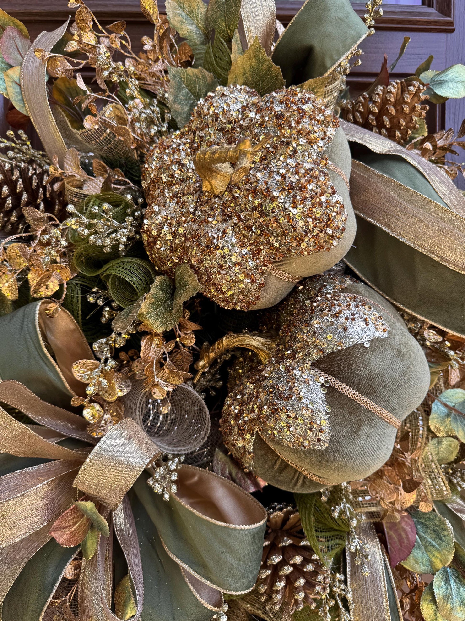 Glam Velvet Pumpkin Fall Swag Wreath for Front Door, Autumn Decor for Outdoor Porch or Indoor Office Wall Hanger, Elegant Pumpkin Decoration