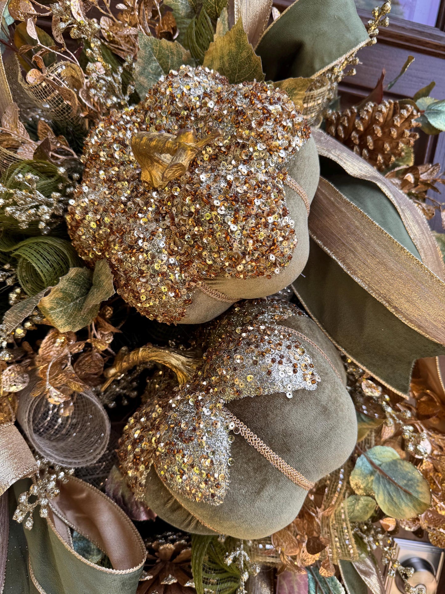 Glam Velvet Pumpkin Fall Swag Wreath for Front Door, Autumn Decor for Outdoor Porch or Indoor Office Wall Hanger, Elegant Pumpkin Decoration