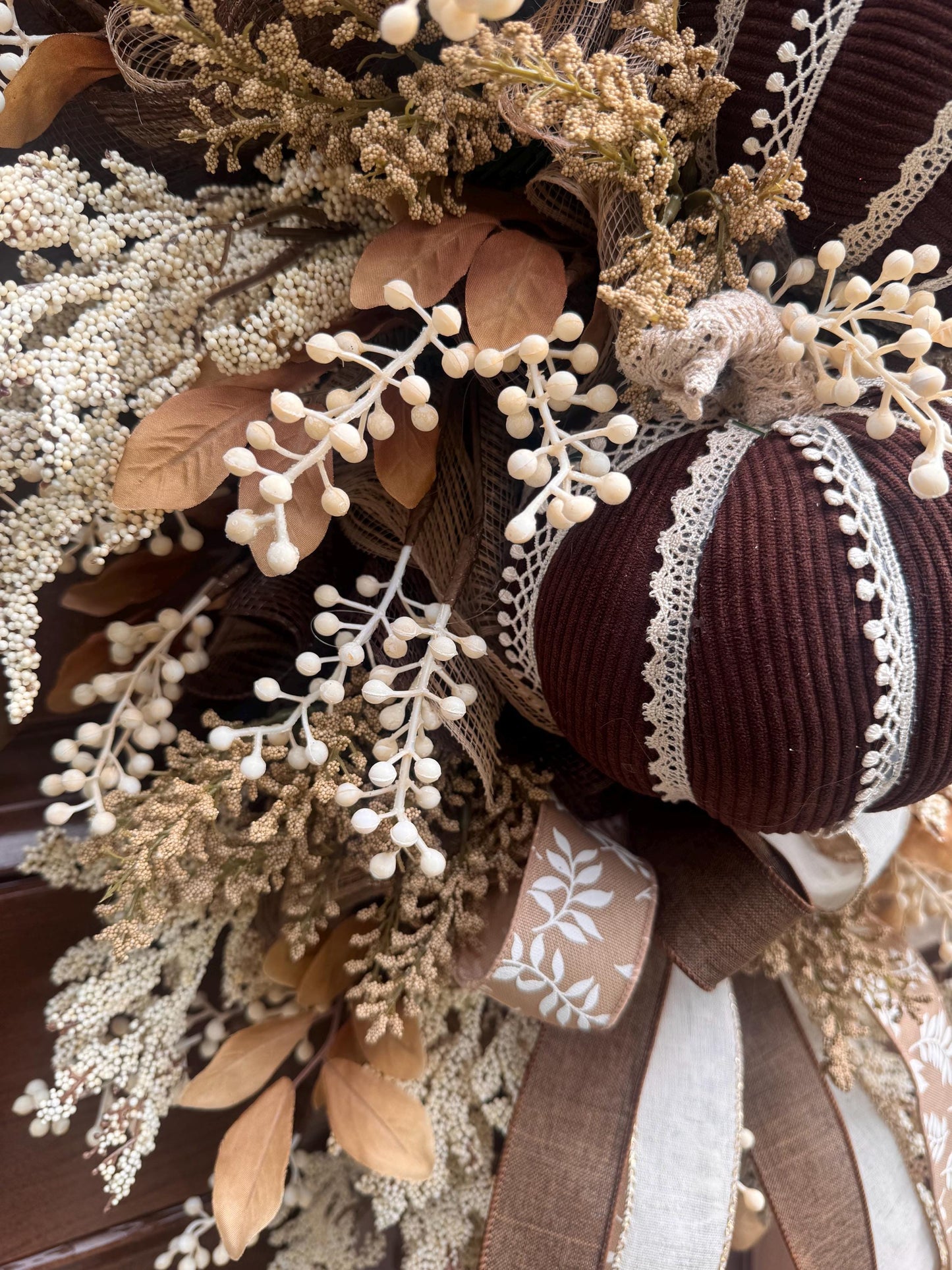 Handmade Corduroy Pumpkin Fall Swag for Front Door, Chocolate Brown Autumn Decor, Neutral Harvest Floral, Rustic Thanksgiving Decoration