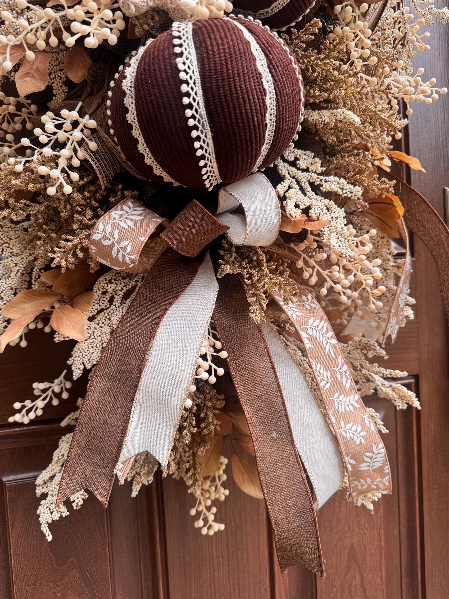 Handmade Corduroy Pumpkin Fall Swag for Front Door, Chocolate Brown Autumn Decor, Neutral Harvest Floral, Rustic Thanksgiving Decoration